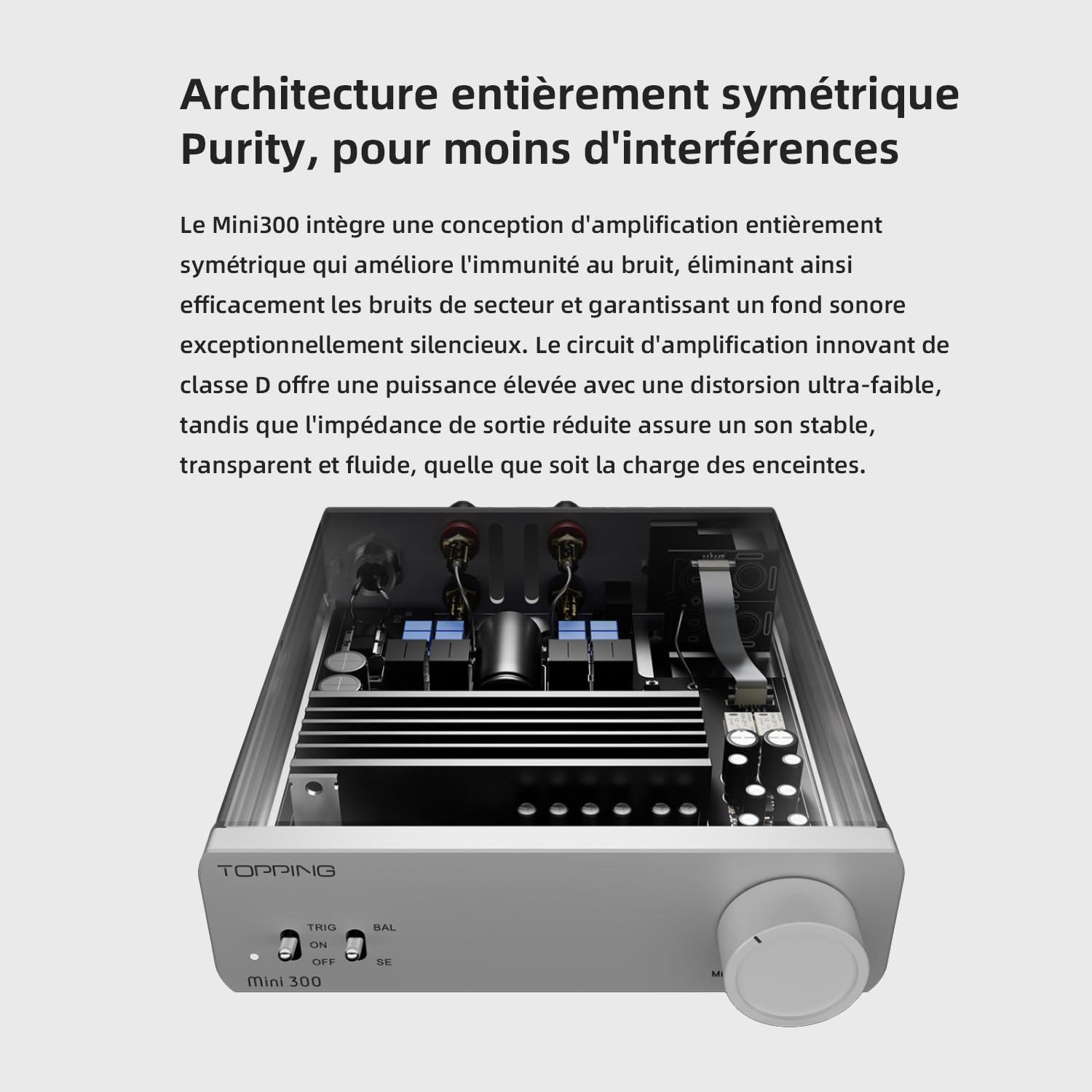 Topping Mini300 Amplificateur de bureau entièrement symétrique 140 W Compact Classe D Amplificateur de bureau avec entrée RCA/TRS, amplificateur Hi-Fi pour enceintes domestiques, argenté