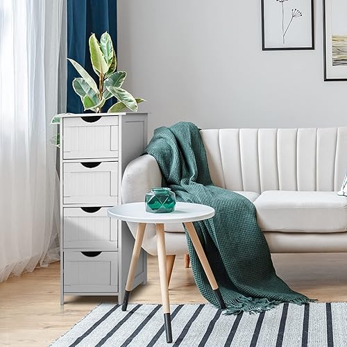 Miniatura 7 de VINGLI Armario de almacenamiento de baño blanco con 4 cajones de madera independiente delgado gabinete de piso de baño pequeño organizador lateral