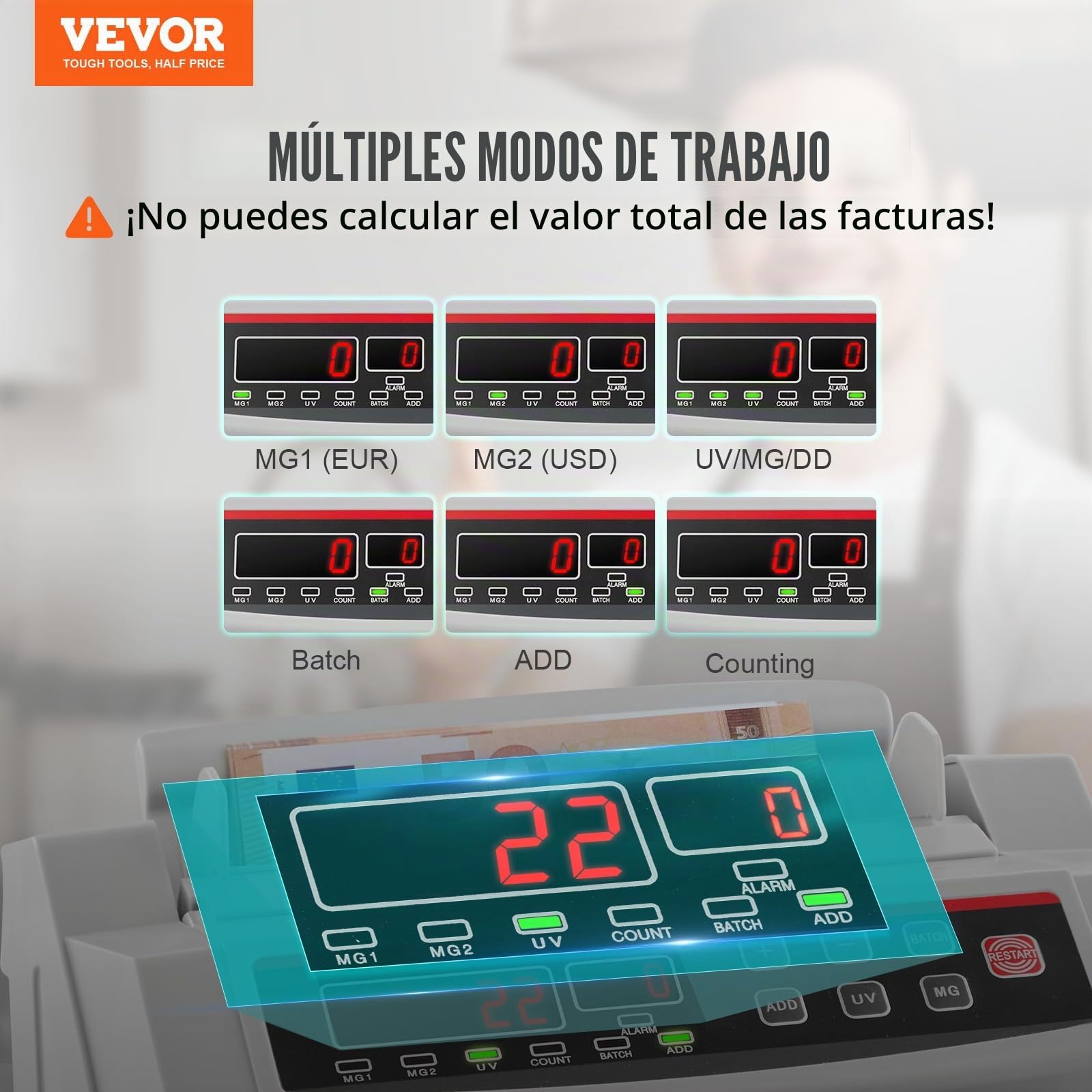 VEVOR Contador de Billetes Profesional, 1000 PCS por Minuto, Contadora de Dinero con Detección de Falsos UV/MG/IR/DD, Máquina Contar Billetes EUR GBP USD, Pantalla LED, para Tiendas y Bancos