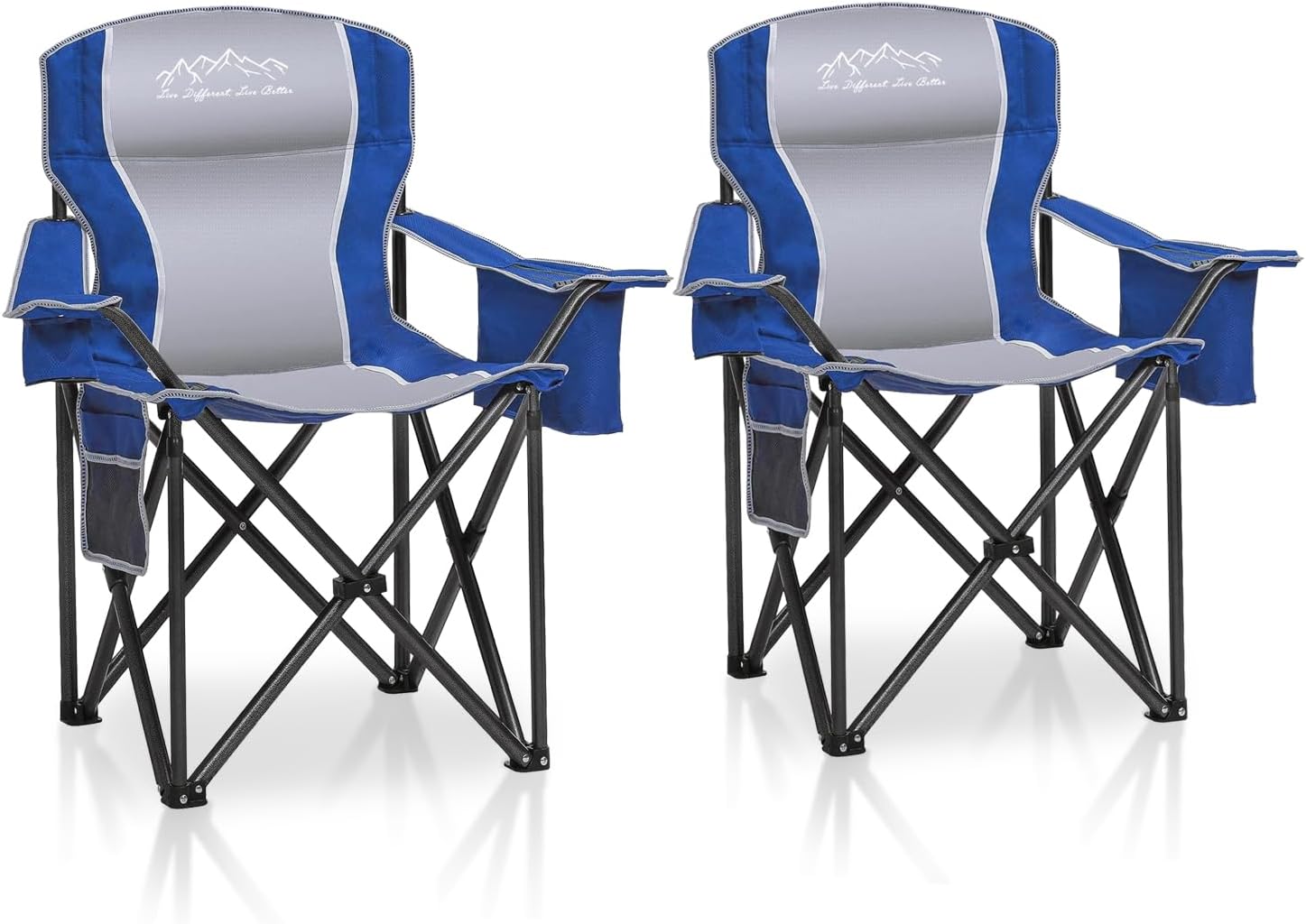 2PCS Folding Camping Chair Portable Outdoor Heavy Duty Padded Chairs Lawn Chair with Cup Holder, Storage Pocket and Cooler Bag, Supports 450LBS Blue
