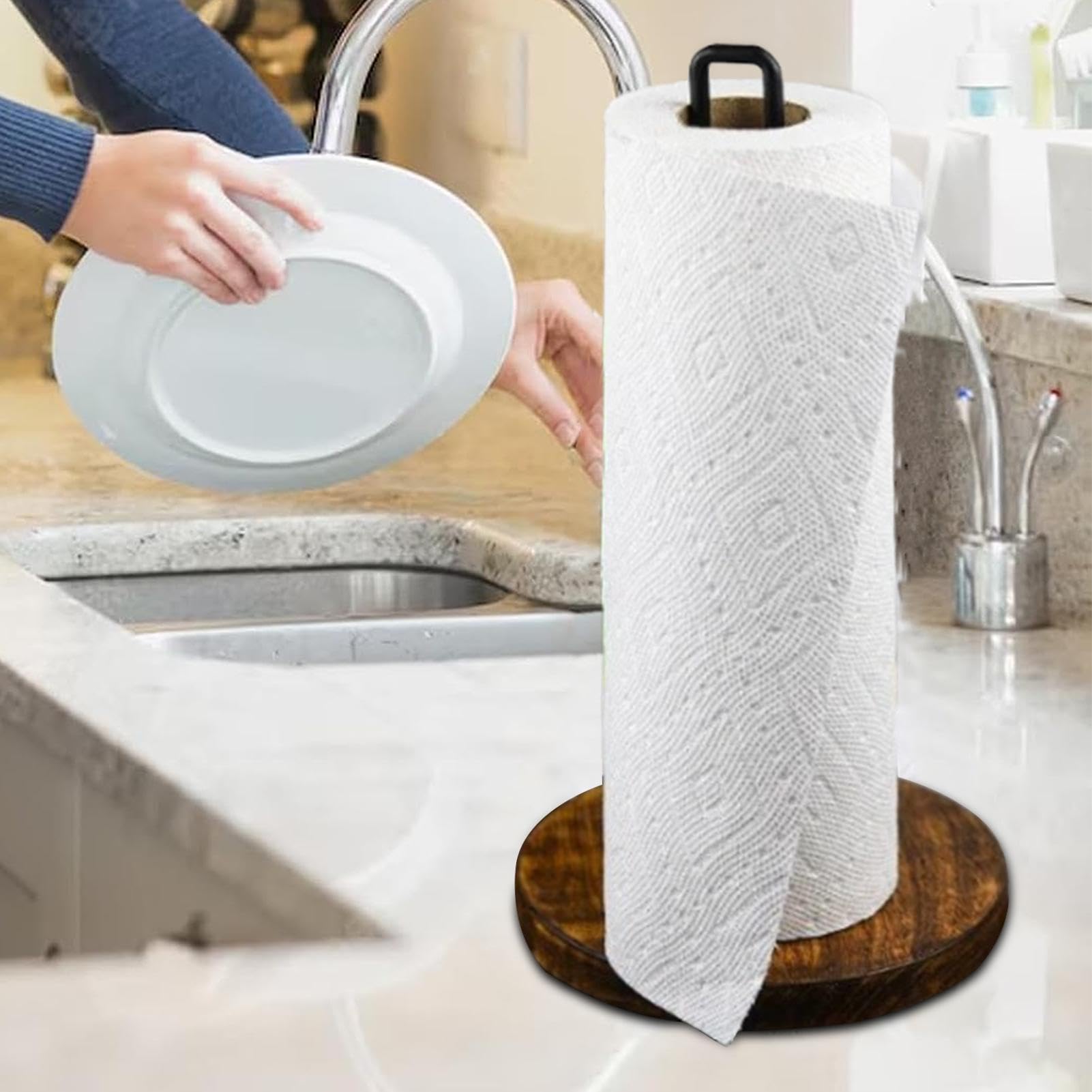 Portarotolo in legno per piano di lavoro, porta rotolo di carta da cucina, con base antiscivolo per tavolo