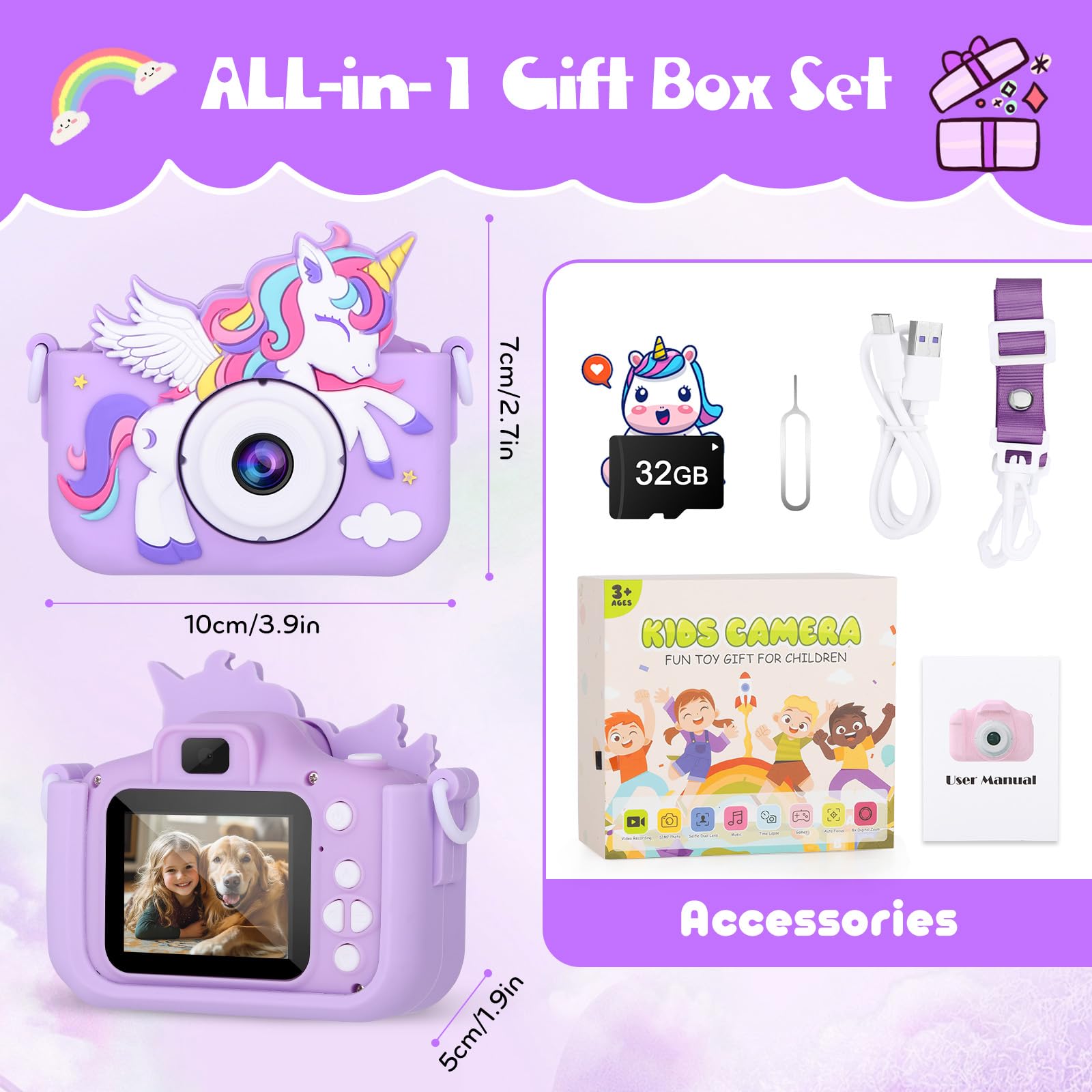 Cámara infantil de unicornio para niñas, cámara digital para niños de 3 a 8 años, juguetes de viaje para niños, regalo de cumpleaños para niñas de 3, 4, 5, 6, 7, 8 años, cámara de video HD 1080P, 8