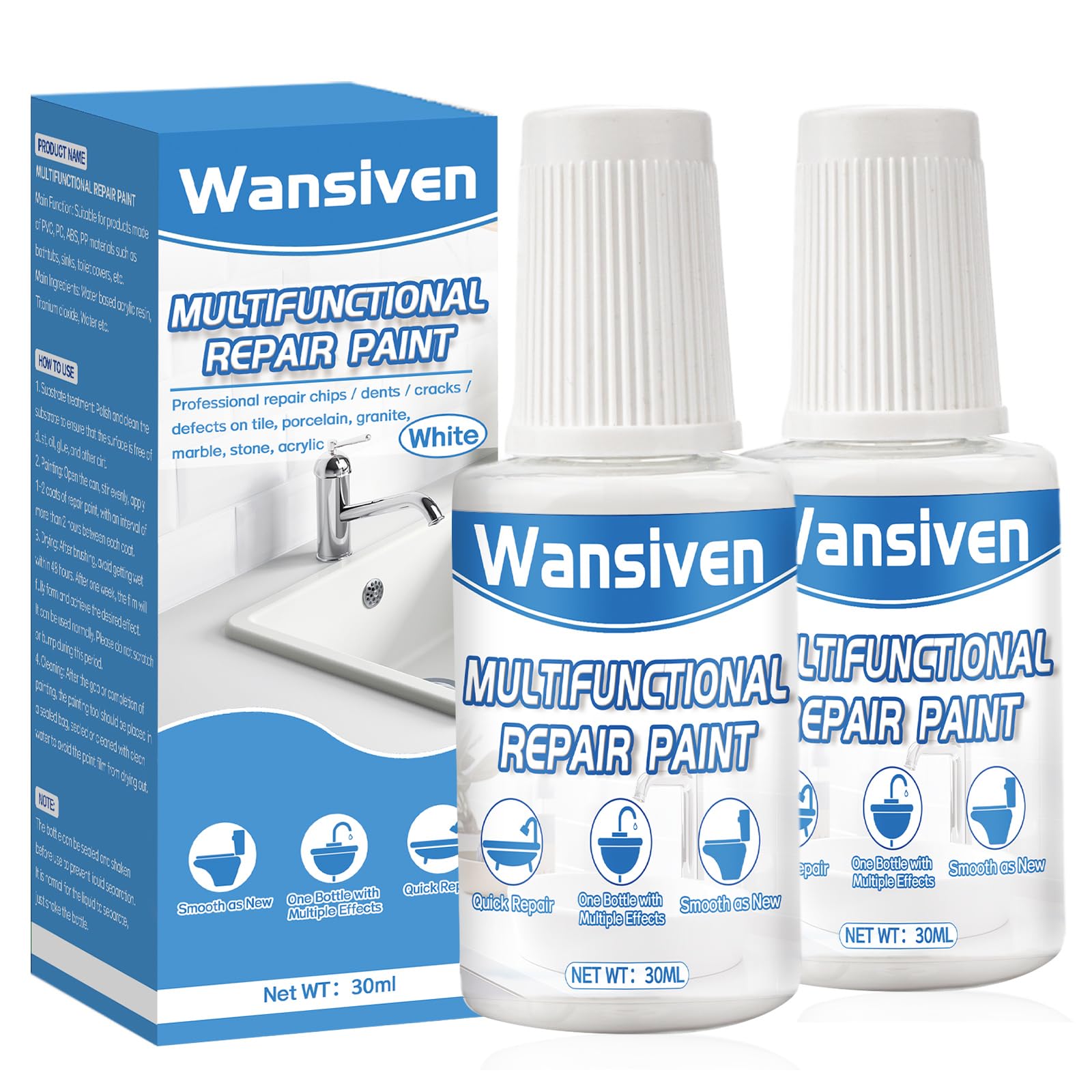WansivenTile Paint, Enamel Touch Up Paint 30ml, Easy and Quick Drying Gloss Finish Bathroom Repair Paint Suitable for Kitchen, Bathroom, Fridge, Shower, Sink (White) (White-30ml-2pack)