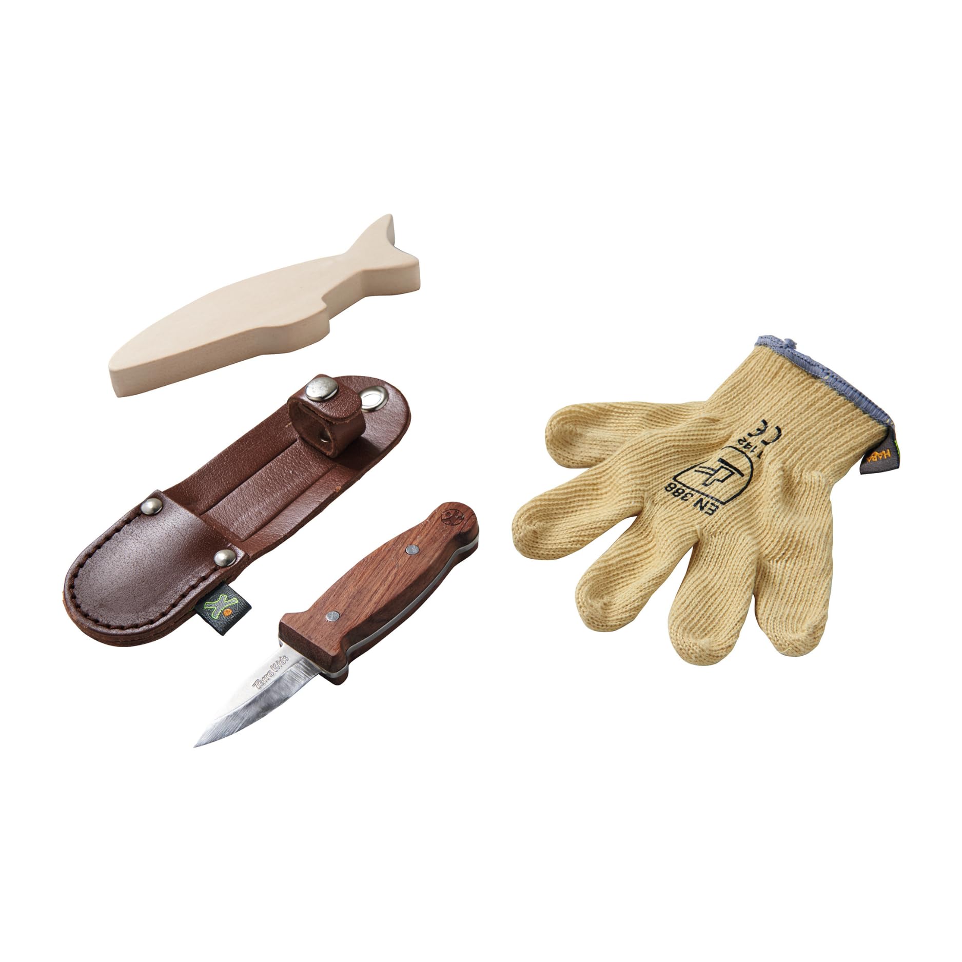 HABA Terra Kids Schnitzmesser – Taschenmesser-Set für Kinder ab 6 Jahren – inkl. Handschuhen, Schnitzrohling & Messer-Etui – 1302622001