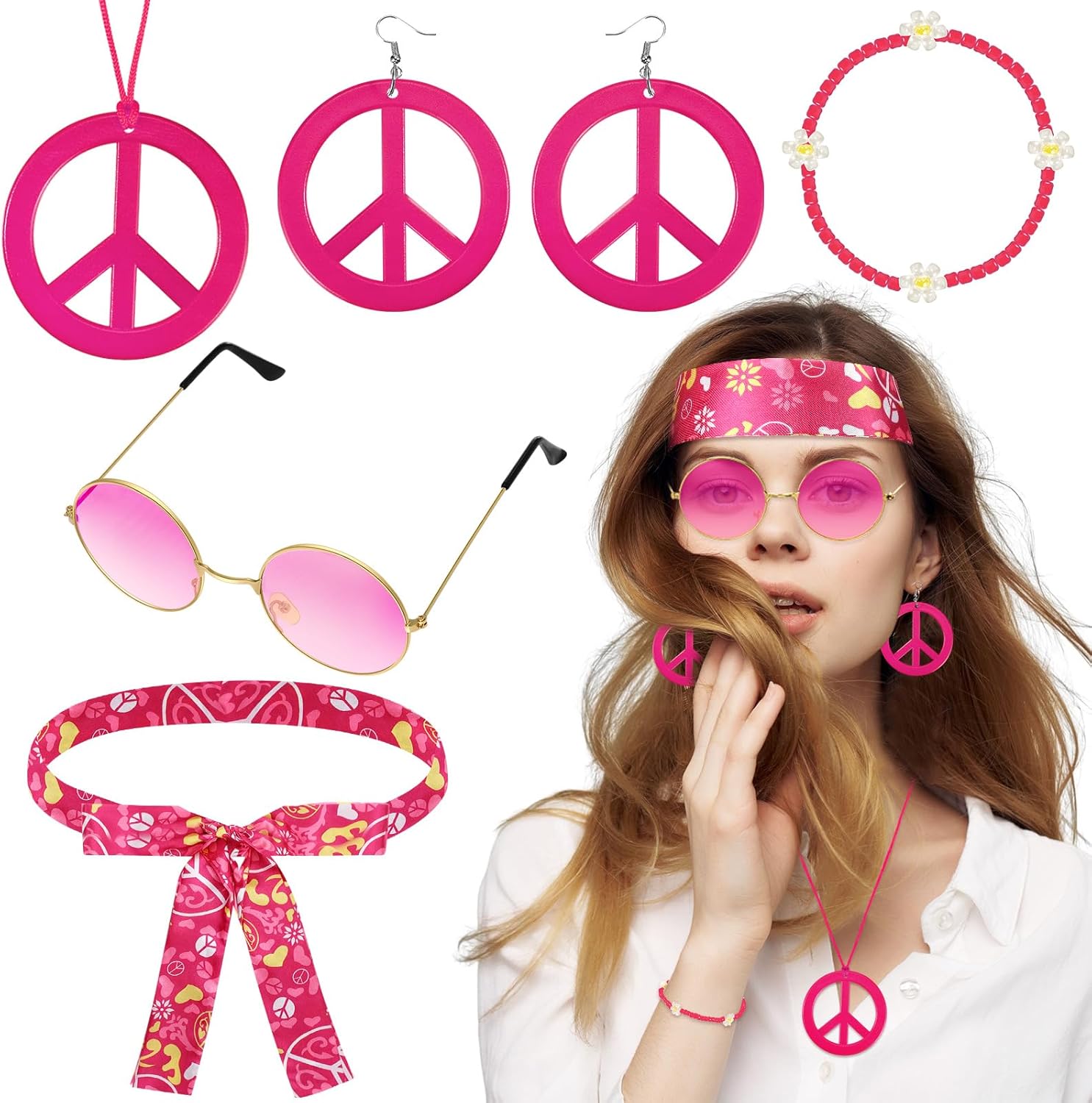 Batiyeer 6 Pcs Hippie Accessories for Women, Boho Peace Sign Earrings 60s 70s Outfits for Women Groovy Party Favor