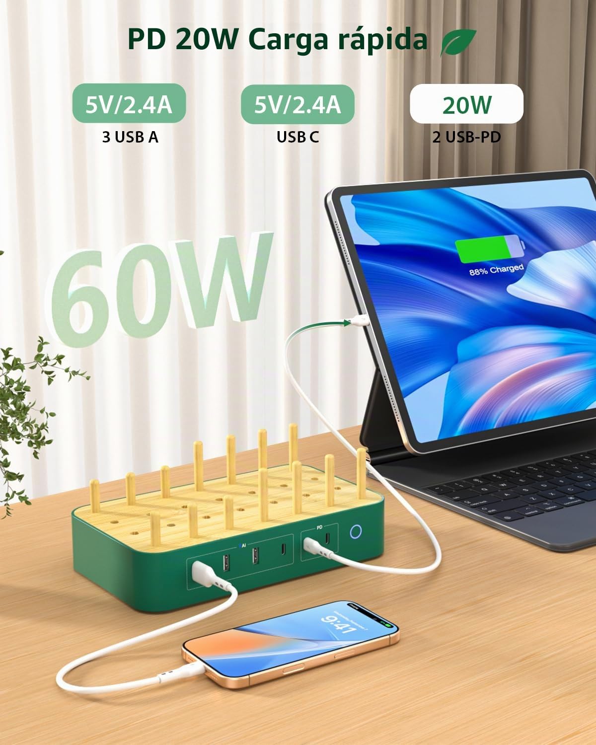 Estación de Carga USB-C de bambú para múltiples Dispositivos,60W, 6 Puertos con 3 Salidas de CA (3 USB C, 3 USBA),Cable de alimentación de 2 m para teléfono, lPad y Tableta(6 Cables incluidos),Verde