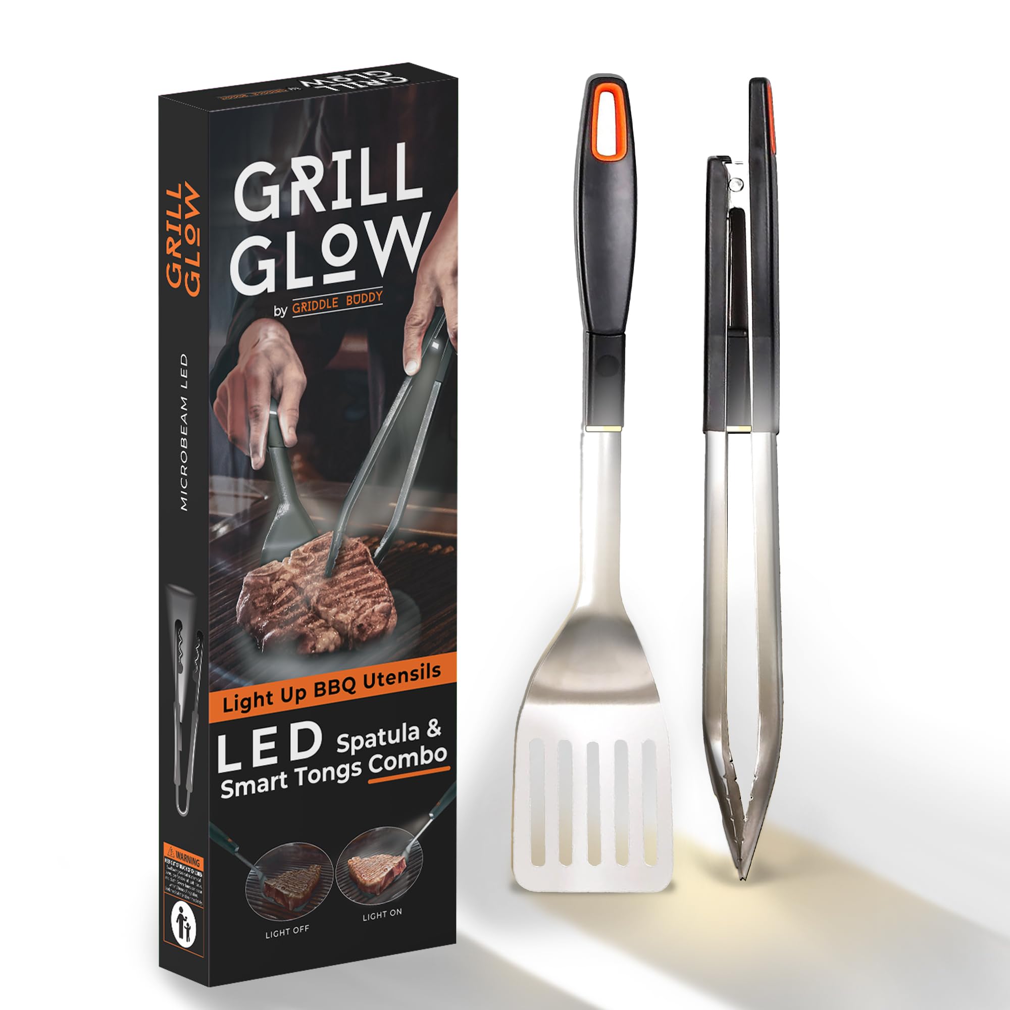 Grill Glow LED Spatula and Smart Tongs Combo by Griddle Buddy - Super Bright LED Light for Dark Grilling, Waterproof & Dishwasher Safe, Ideal for Camping and Barbecue Grilling