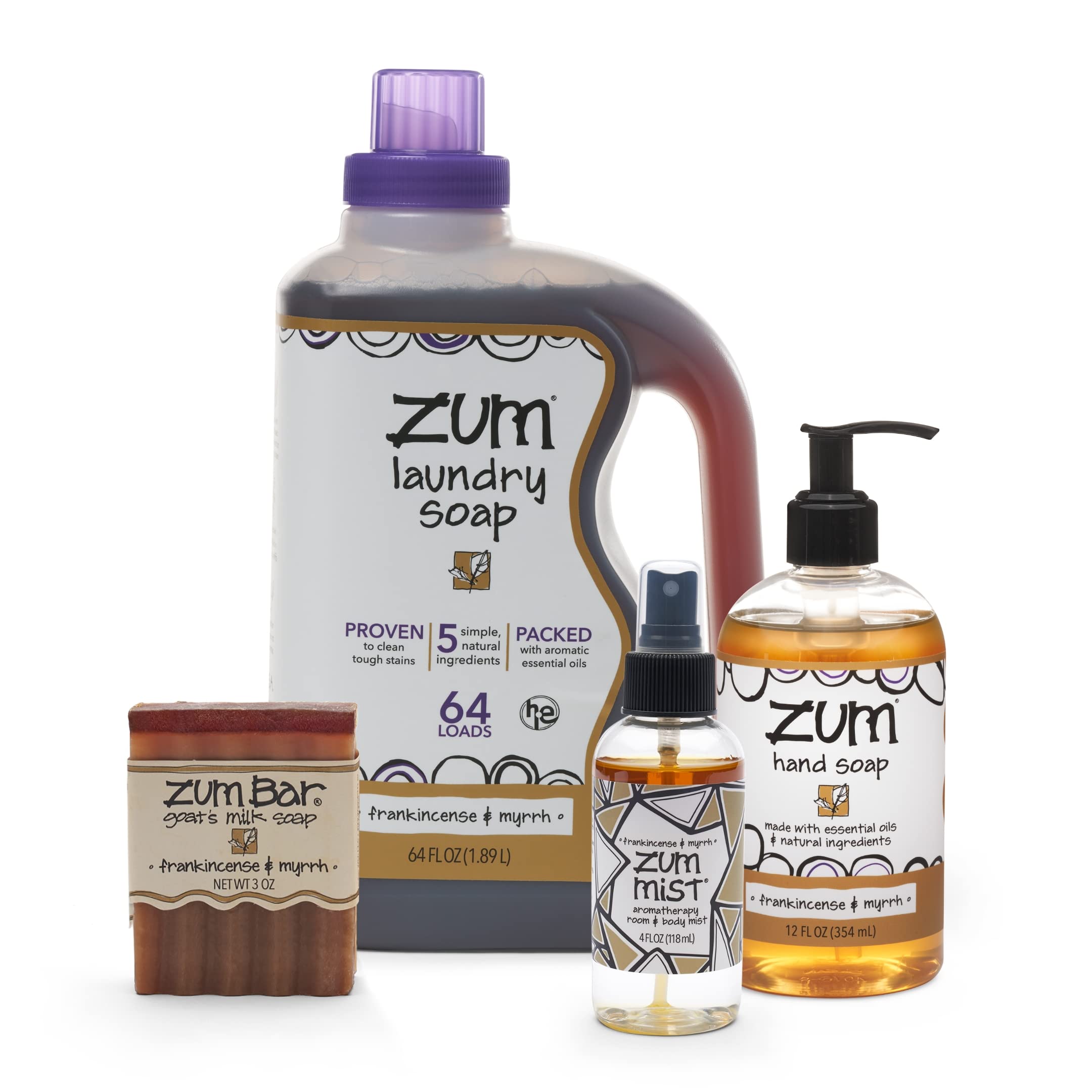 Zum Indigo Wild Home Essentials - Laundry Soap (64 oz) - Liquid Hand Soap (12 fl oz) - Room Spray Air Freshener (4 fl oz) - Goat Milk Soap Bar (3 oz) - Frankincense & Myrrh Scent