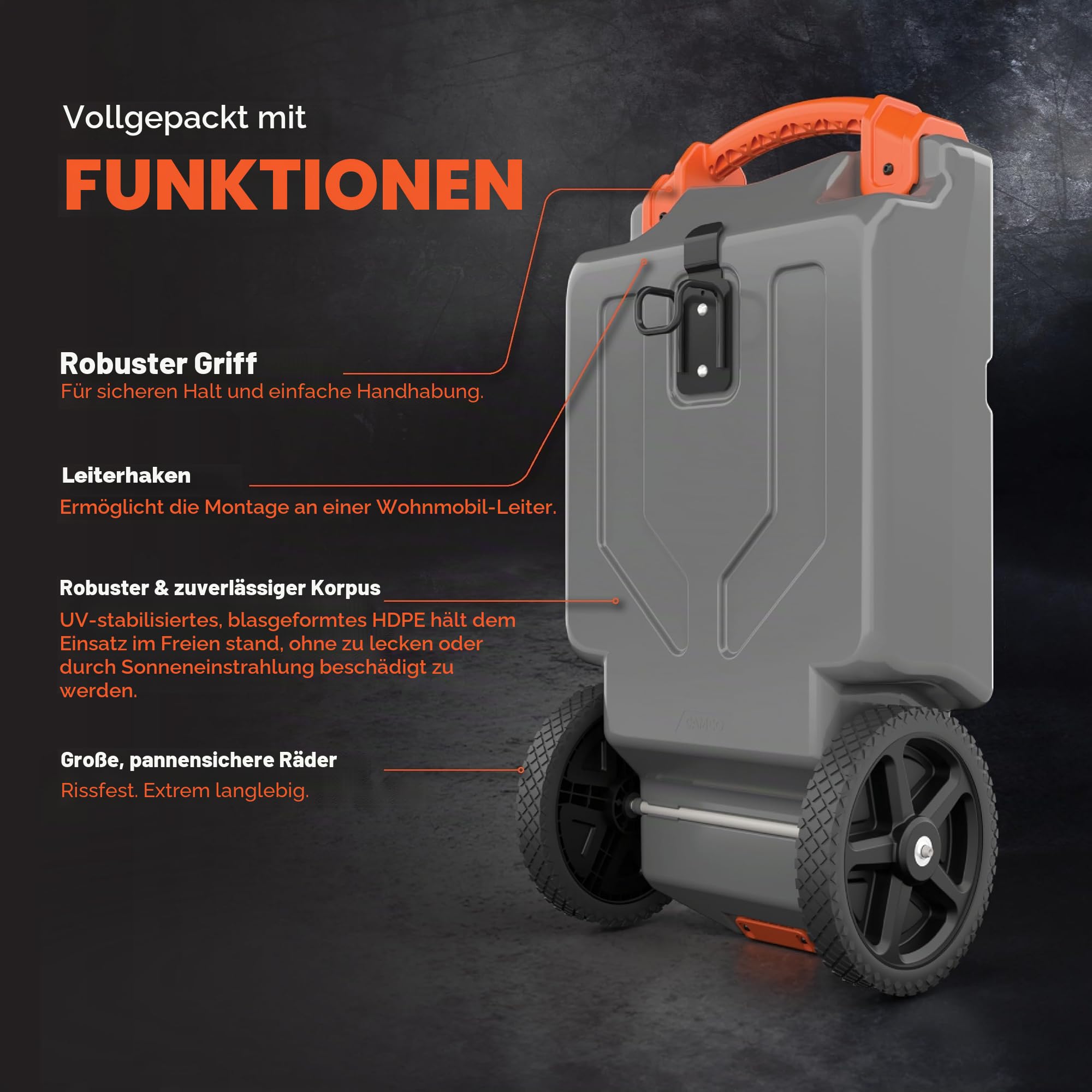 Camco Rhino 21-Gallonen Wohnmobil Abwassertank – Mit robusten pannensicheren Rädern, niedrigem Abflussloch, abnehmbarem Stahl-Zugadapter, 91,4 cm Abwasserschlauch und weiterem Zubehör (39002)