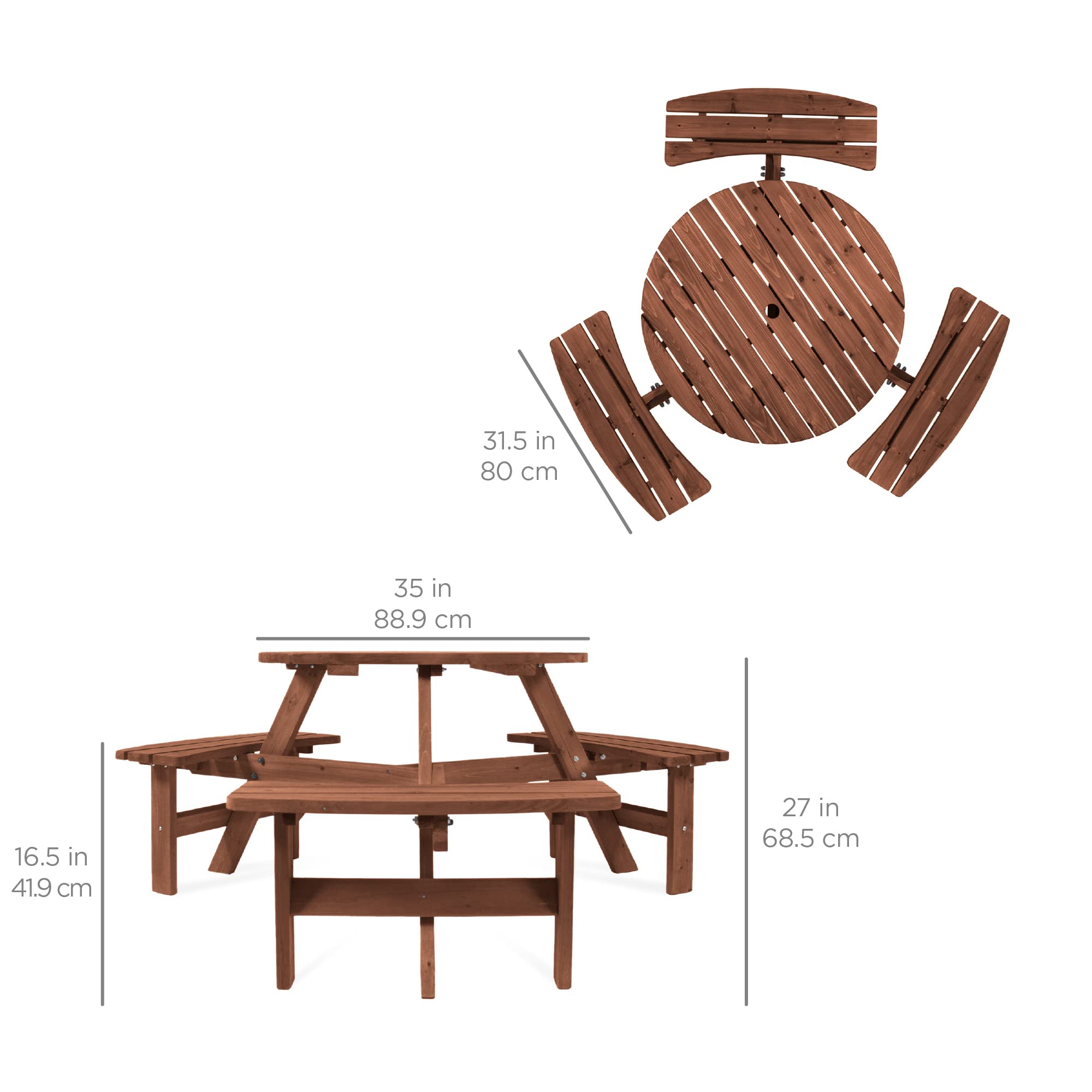 Best Choice Products Tavolo da picnic circolare in legno per 6 persone per patio, cortile, giardino, fai da te con 3 panche integrate, capacità 226,8 kg, marrone noce