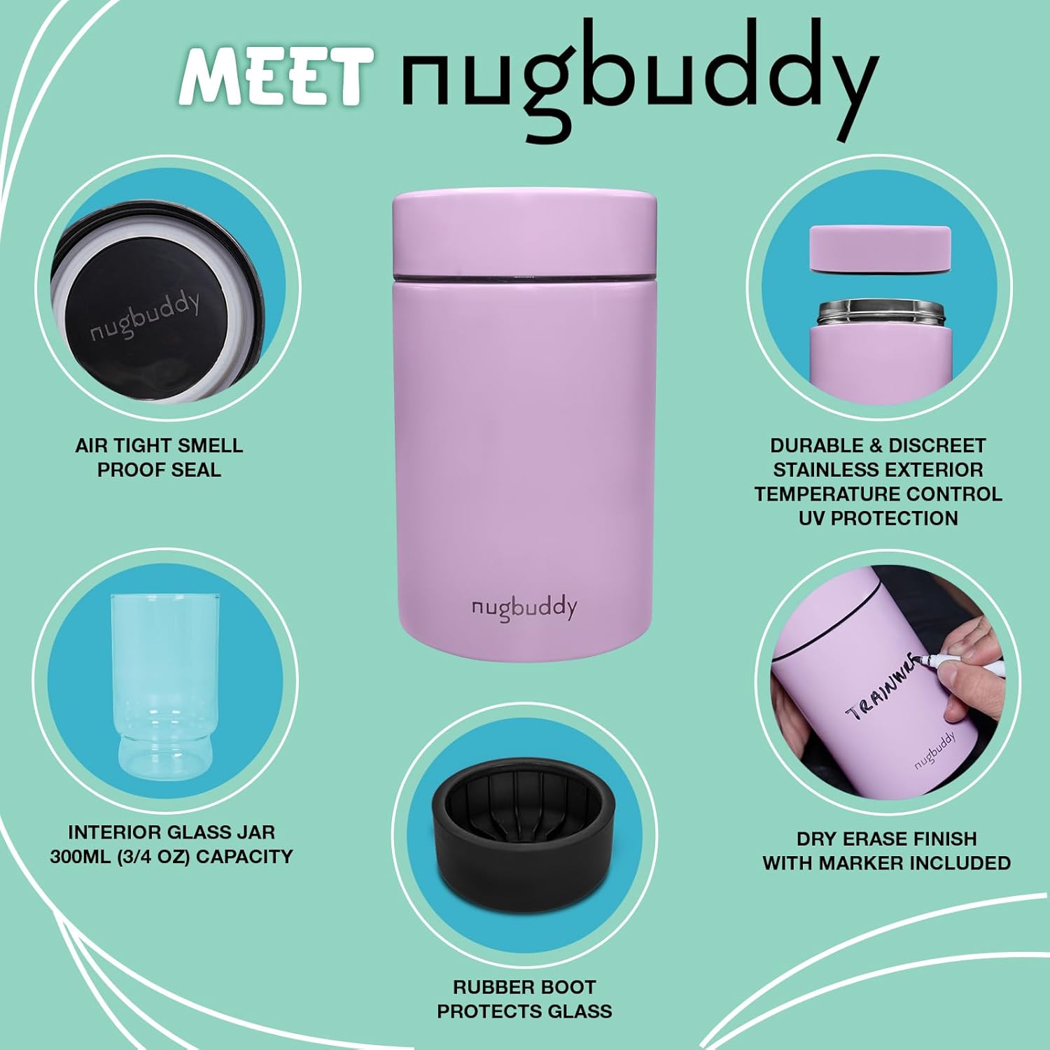 Nugbuddy Airtight Storage Container - Vacuum Sealed Insulated w Nested Glass Jar - UV Protection, Temperature Controlled Stainless - Stays Fresh - Whiteboard Finish w Marker Included - 300 ml (3/4 Oz)
