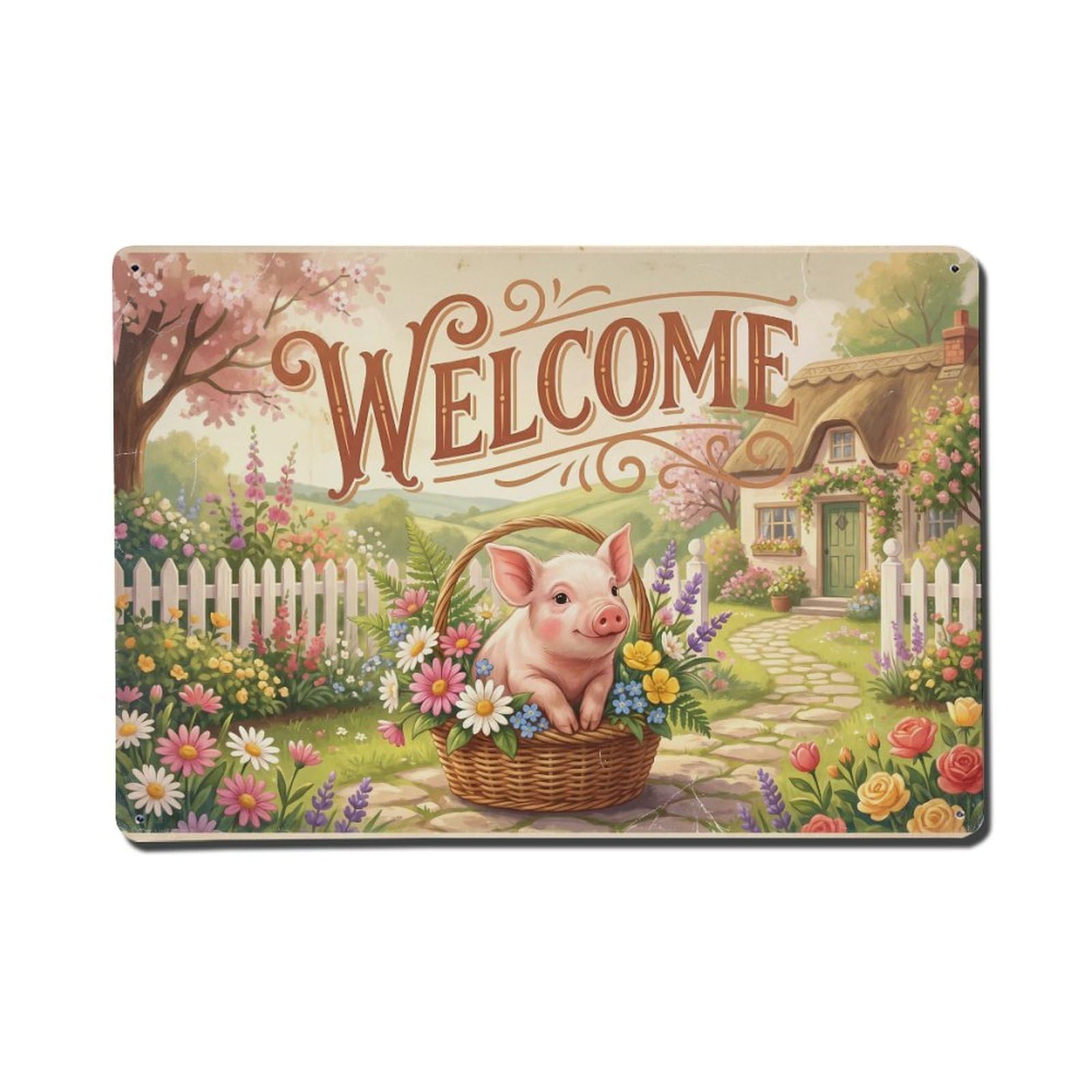 Vintage Welcome Piglet Flower Basket Metal Tin Sign