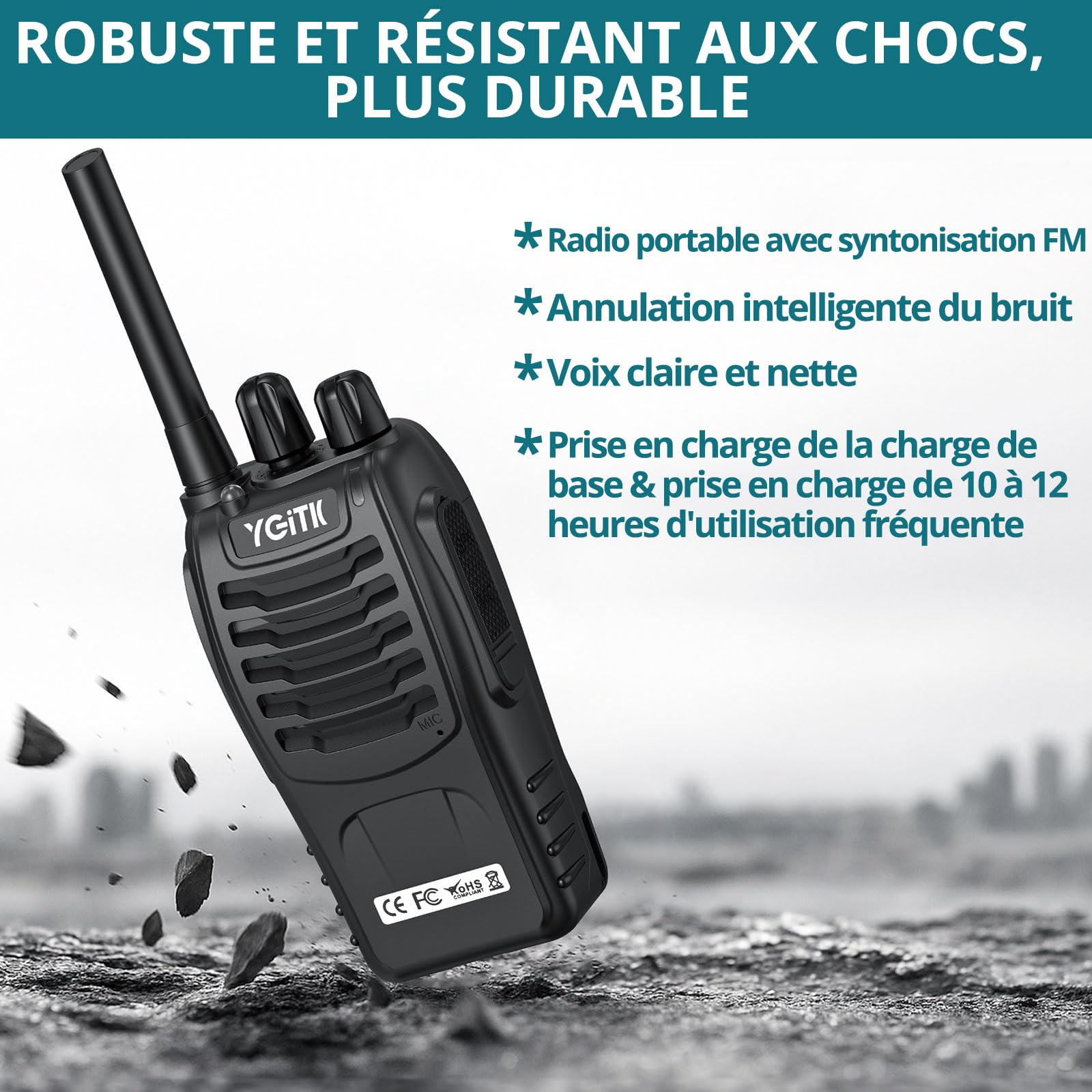 Talkie Walkie Rechargeable Longue Portée 16 Canaux PMR Talkies-Walkies Radio, Radio sans Licence, Fonction VOX, Lampe LED, Portatif pour Extérieur, École, Maison (2 Unités)