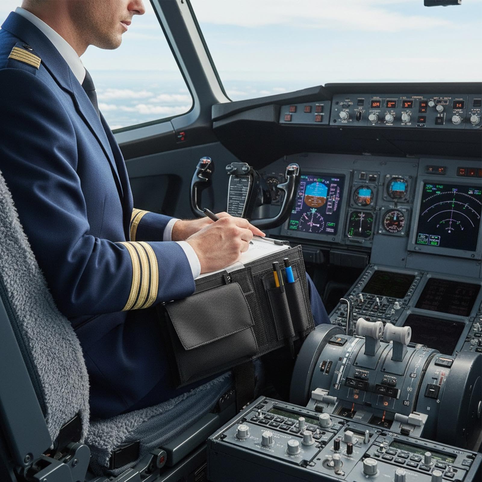 Aviation Pilot - Genouillère avec sangle de jambe - Noir - 7 fentes - Pour le genou - Porte-bloc - 20,5 x 34 cm - Tissu Oxford et polypropylène - Pour manuels, graphiques, cartes, documents