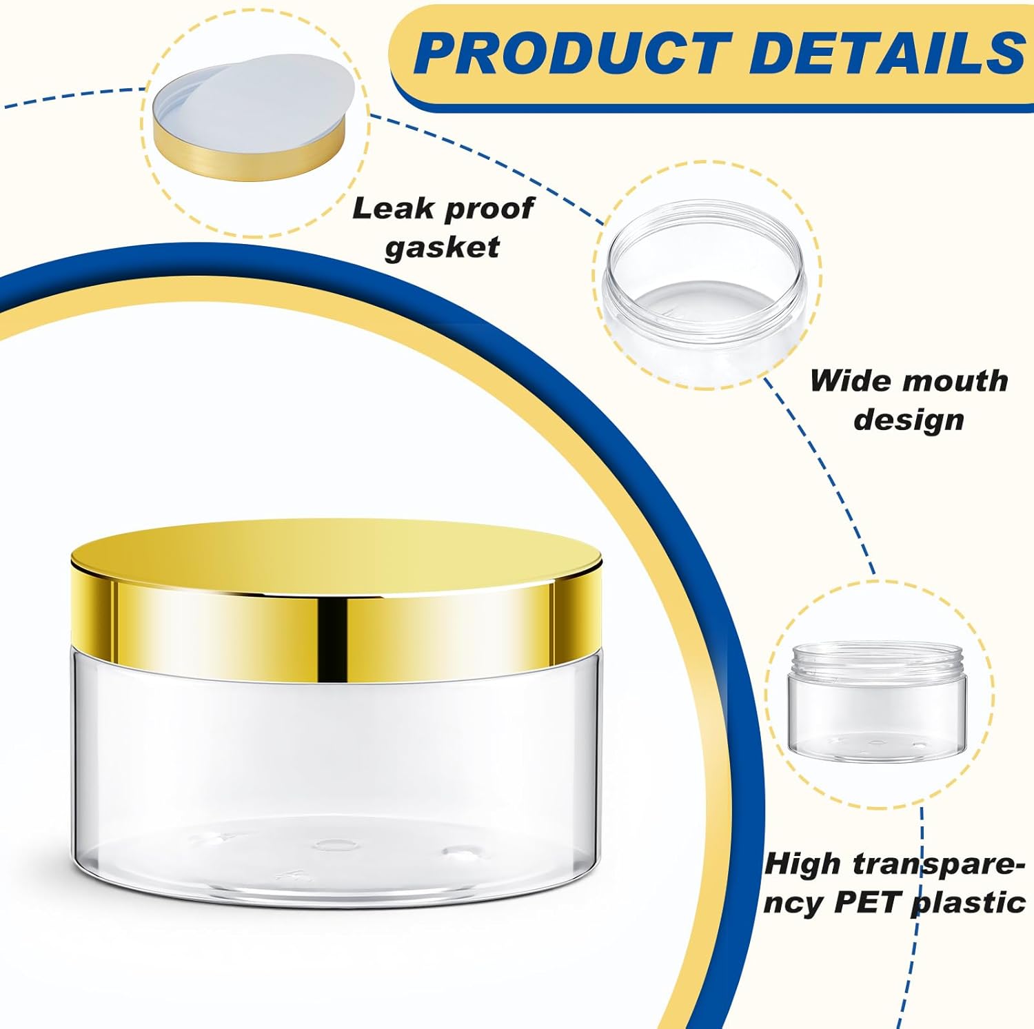 Uiifan 48 Pack 8 oz Plastic Jars with Lids & Labels, Empty Leak Proof Body Scrub Containers, Refillable Body Butter Containers Bulk for Cream, Powder Ointment, Lotion(Clear with Gold Lids)