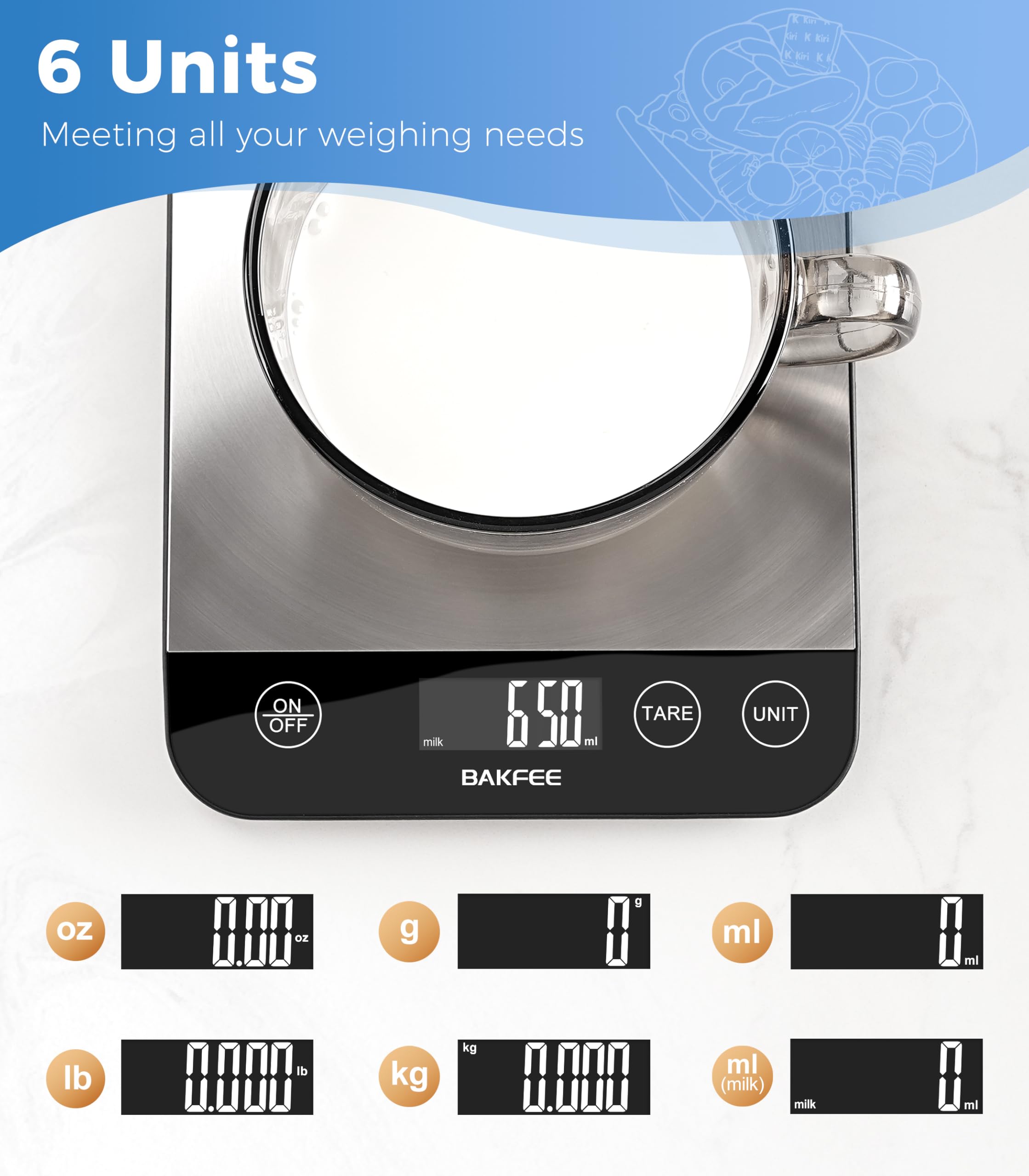 15.0 kg Digitale Küchenwaage, wiederaufladbare Lebensmittelwaage Gramm und Unzen mit Edelstahl, USB-Aufladung, 1 g hohe Genauigkeit zum Backen und Kochen, Essen usw
