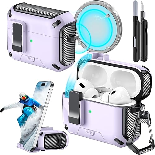 Miniatura 27 de Funda para AirPods 4 (2024) con soporte para teléfono, con interruptor automático a presión, diseño de fibra de carbono, cubierta de protección para