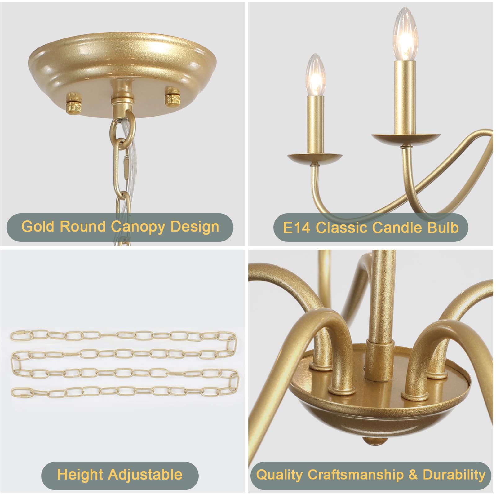 Kronleuchter Gold 5-flammig, Vintage Kerzen Kronleuchter Metall, Pendelleuchte Esstisch Höhenverstellbar mit E14 Fassung, Hängeleuchte für Wohnzimmer, Esszimmer, Schlafzimmer, Küche, Flur