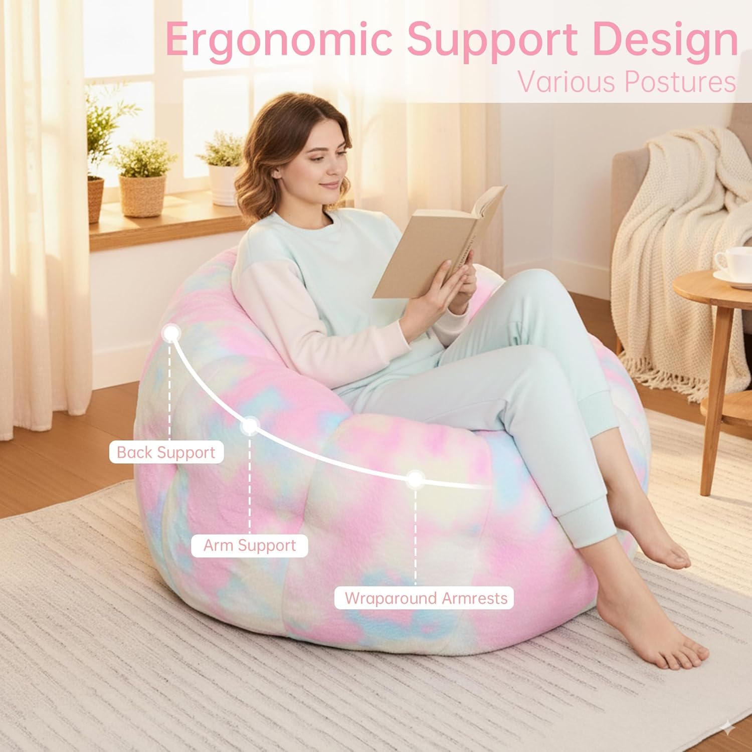 Bean Bag Chair, Floral Shaped Beanbag, Faux Fur Adult Teen Kids Comfy Chair with Petal Armrest Chair, Bean Bag Couch for Bedroom, Living Room, Dorm, Game (Colorful)