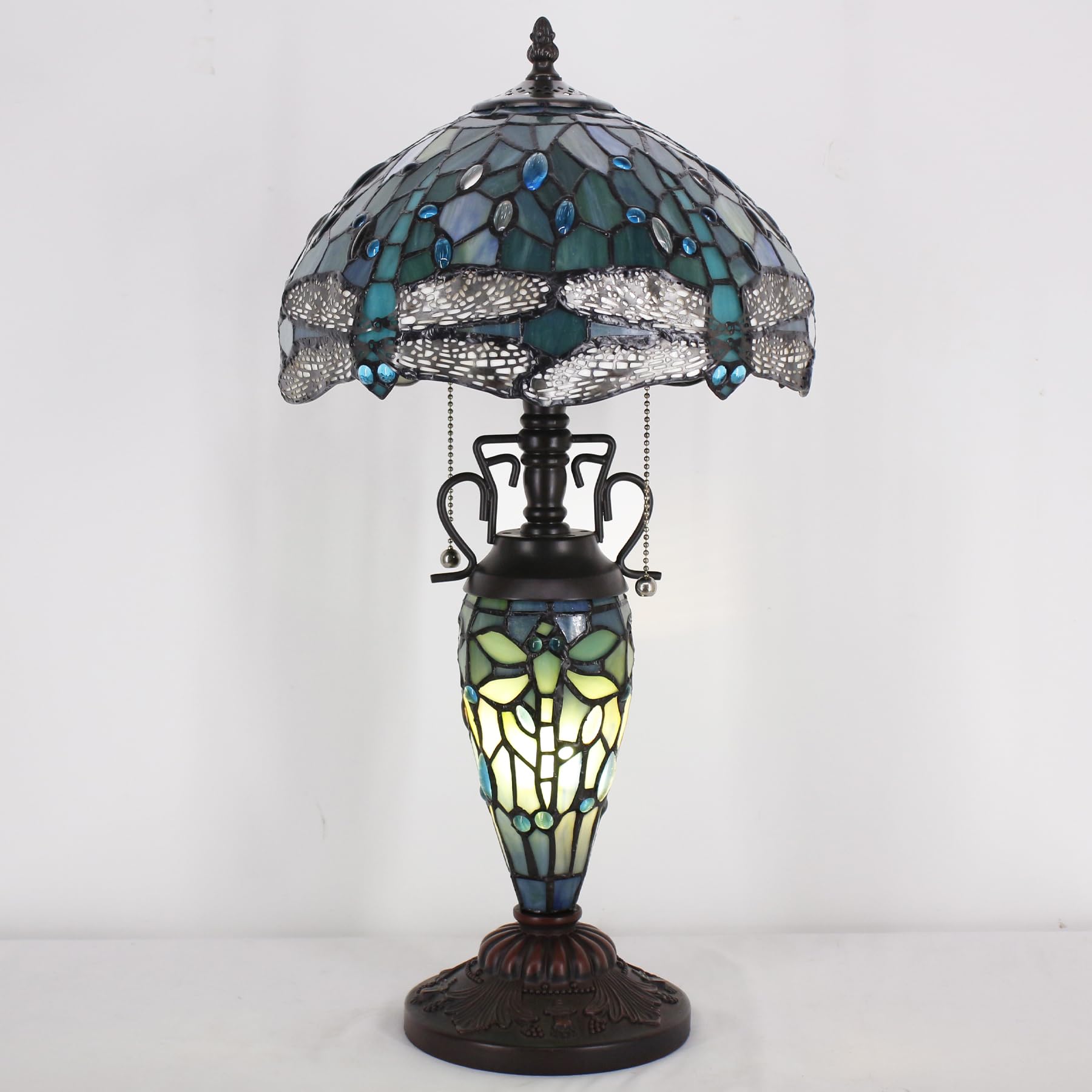 WERFACTORY Tiffany Table Lamp Sea Blue Stained Glass Dragonfly Style 12X12X22 Inches Mother-Daughter Vase Desk Reading Light Decor — view 7