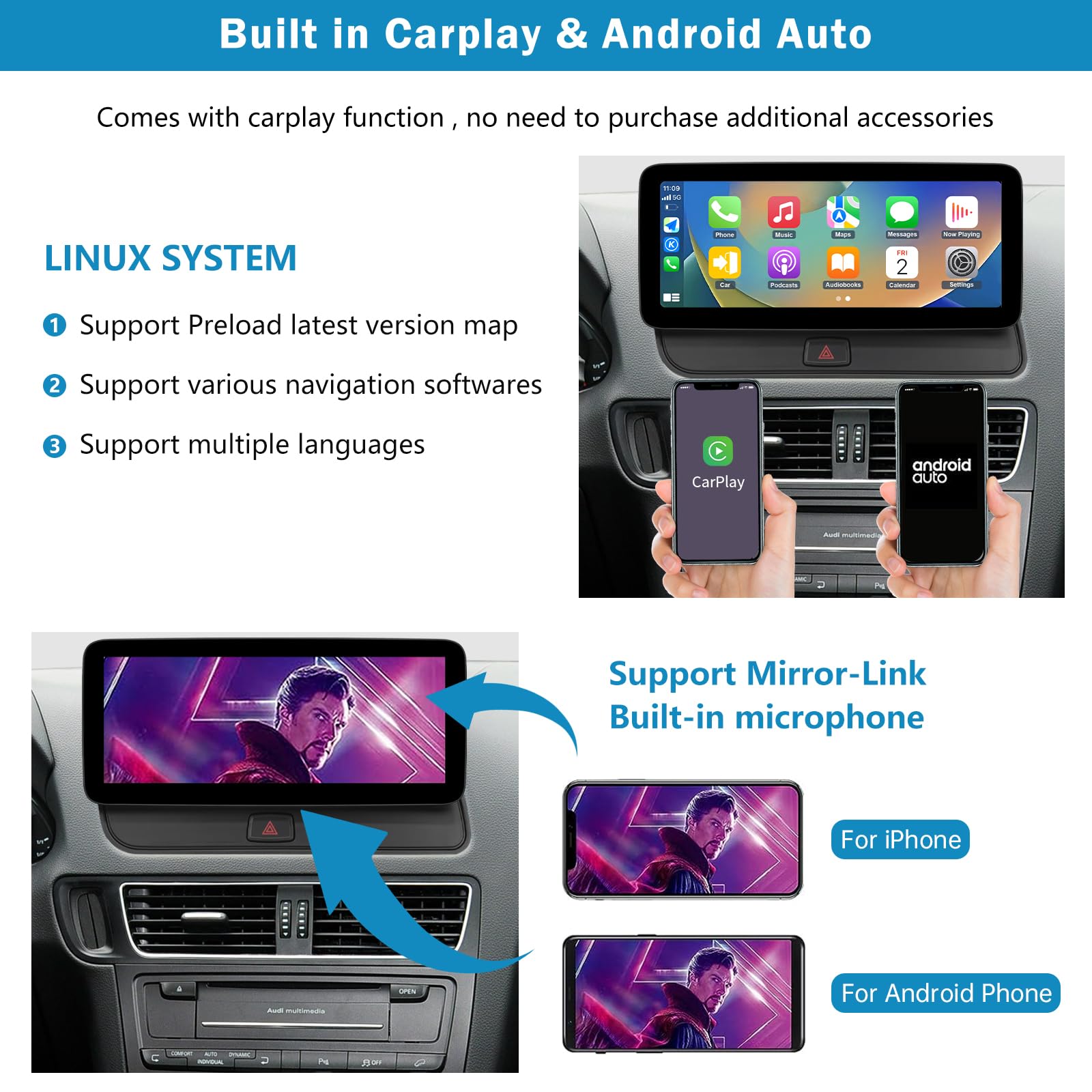 12,3 Pouces Autoradio avec écran Tactile sans Fil Carplay et Android Auto pour Audi Q5 2009-2017 avec système MMI+ 3G, Prend en Charge Mirrorlink, Appareil Photo, Navigation
