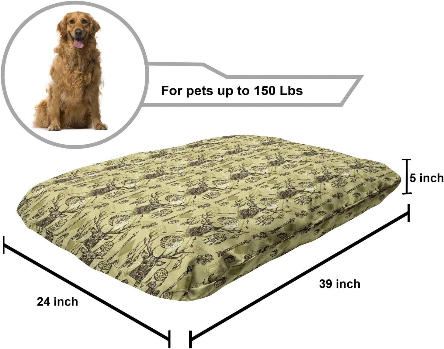 review Lunarable Antlers Pet Bed, Sketch Art Style Tribal Deer Animal with Horns Native Geometric Elements, Chew Resistant Pad for Dogs and Cats Cushion with Removable Cover, 24