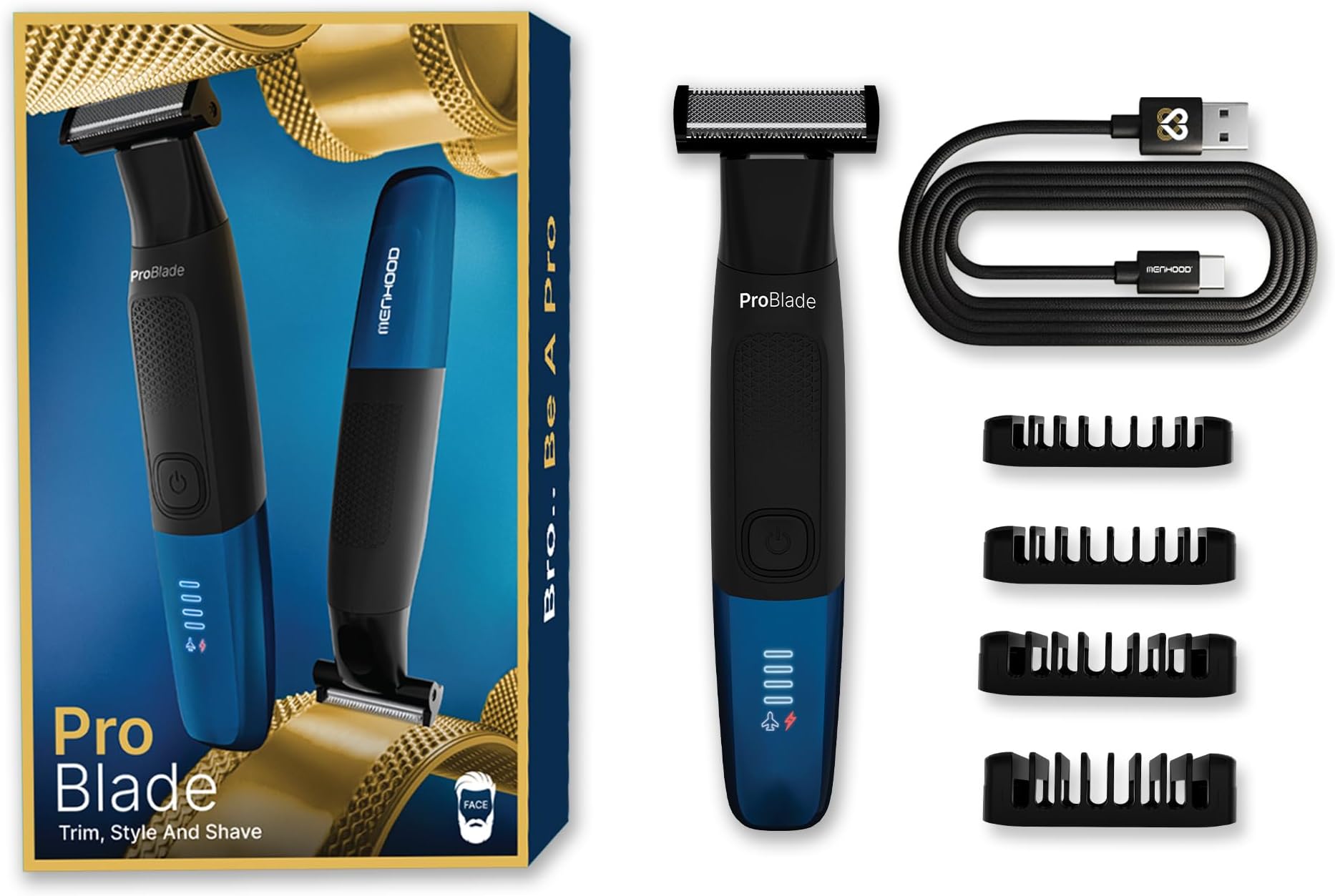 MENHOOD Pro Blade 3 in 1 Hybrid Beard Trimmer Shaver for Men Waterproof USB Type-C 120 Min Runtime with LED Indicator and Adaptive Flex Neck for Smooth Beard Grooming