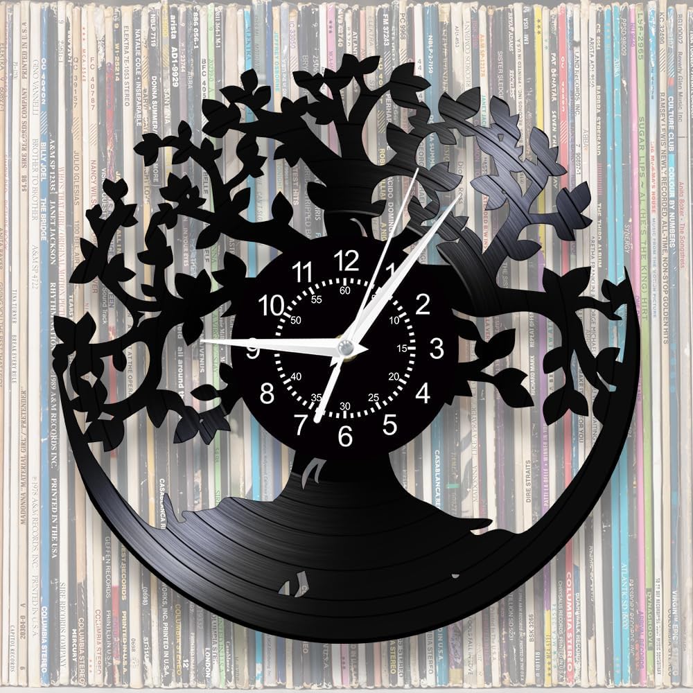 12'' Tree of Life Retro Vinyl Record Wall Clock, Family Tree Retro Wall Art Decor Clock Mid-Century Wall Watch Clock Silent Movement Battery Operated for Housewarming Gift Living Room Kitchen