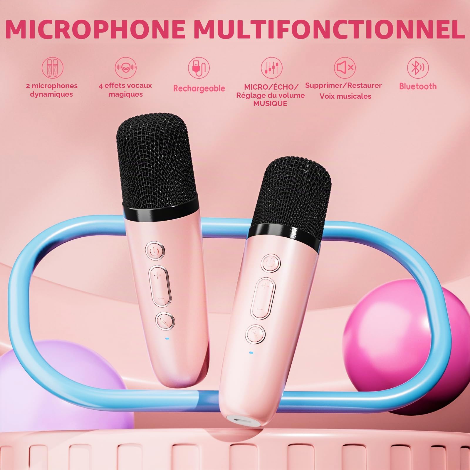 Ankuka Karaoke Enfants avec 2 Micro sans Fil Portable, avec Magique Voix Change et LED Lumière Qualité Sonore HiFi Mini Microphone pour Enfant Adulte Fille Rose