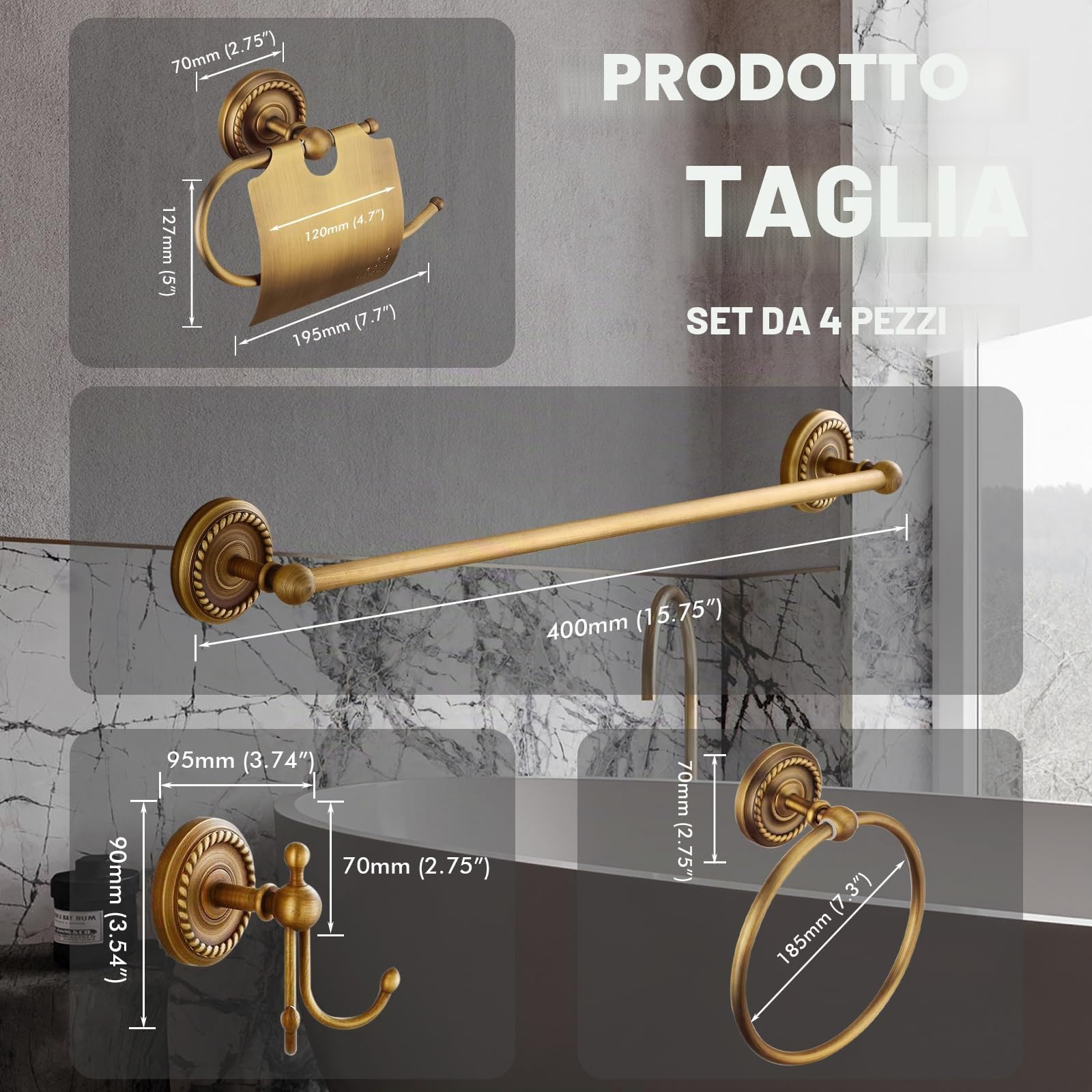 ottone antico 4 pezzi set accessori da bagno - d'annata portasciugamani & porta salviette & porta carta igienica & ganci portasciugamani