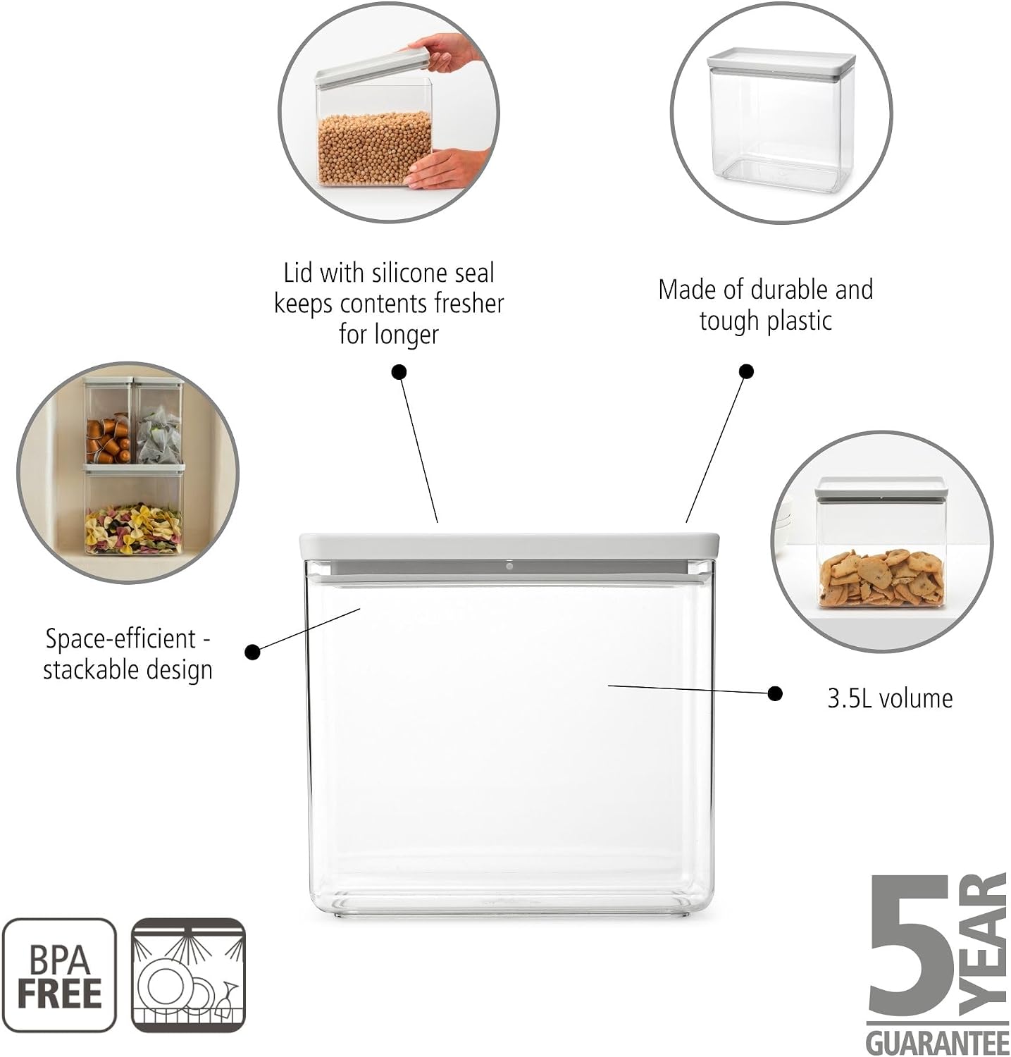 Brabantia TASTY+ Stackable Canister | XL Airtight Food Storage Container with Silicone Lid Seal for Kitchen | Jar for Dry Food & Wet Food, Sugar, Flour | 0.9 gal Capacity | Light Gray image 2