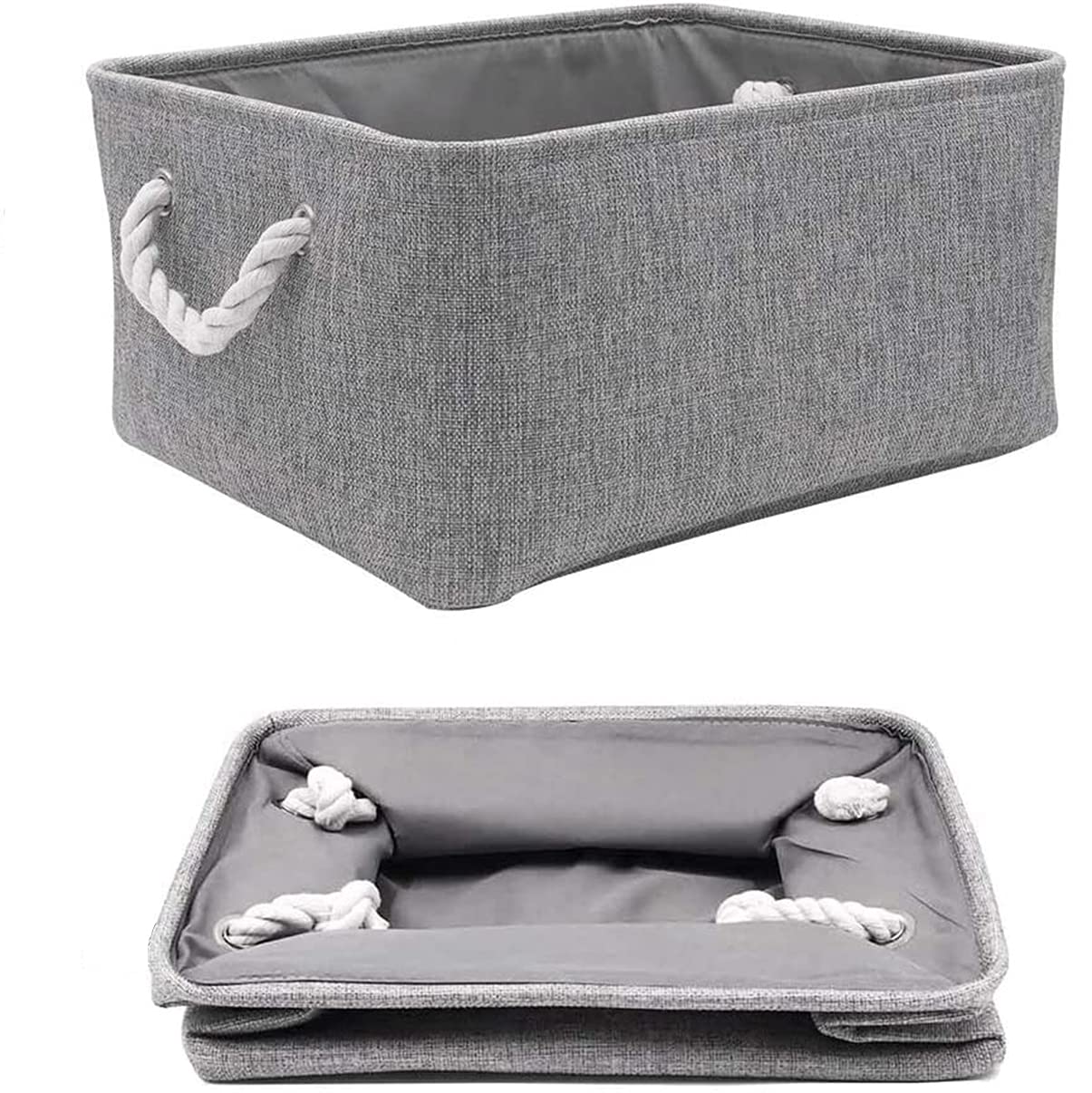 Set 3 Cestini Pieghevoli In Lino Grigio Con Manici - Per Organizzare Giocattoli, Vestiti, 31x21x12 Cm - 5