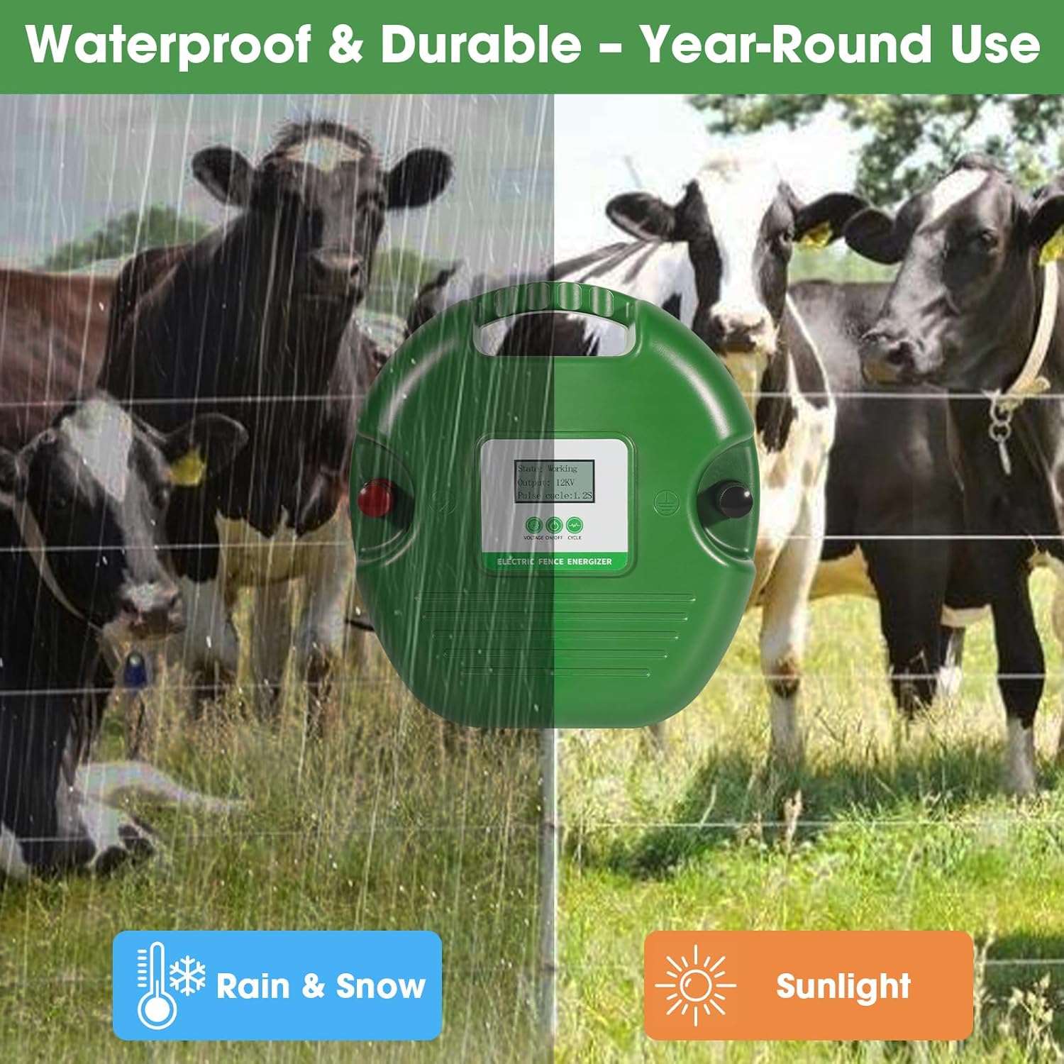 Electric Fence Charger for Livestock – 15-Joule Electric Fence Energizer， Adjustable 8/10/12kV Output, Weatherproof Fence Charger, Covers 25 Miles/600 Acres