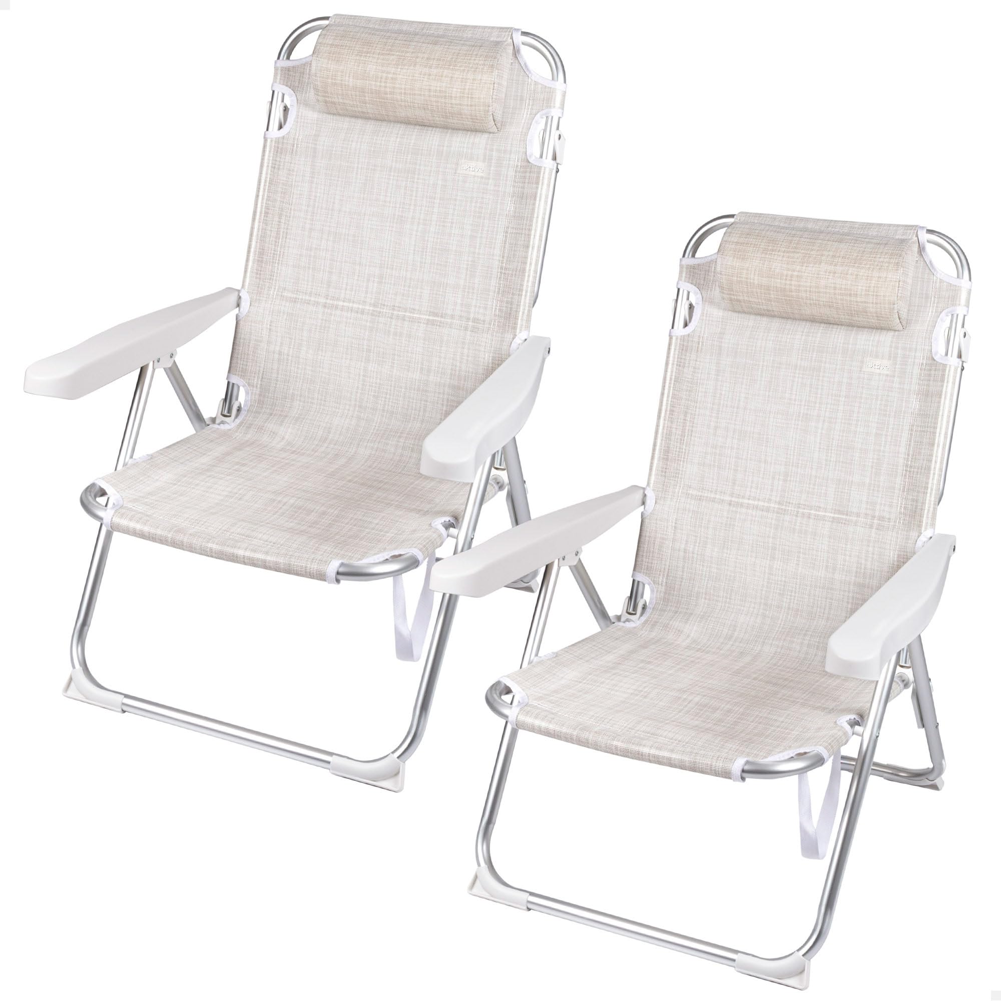 AKTIVE Pack 2 sillas de Playa y tumbonas 2 en 1, 48 x 60 x 90 cm, reclinables 5 Posiciones, Estructura de Aluminio, cojín Acolchado, topes antivuelco, Plegables con asa de Transporte (85514)