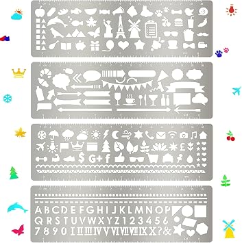 Chinco 4 Pieces Stencils Metal Journal Template 7.1 x 2.3 Inch Bookmark Ruler School Supplies Stainless Steel Stencils Set for DIY, Engraving, Painting, ScrapbookingGeometry Style