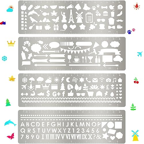 Chinco 4 Pieces Stencils Metal Journal Template 7.1 x 2.3 Inch Bookmark Ruler School Supplies Stainless Steel Stencils Set for DIY, Engraving, Painting, Scrapbooking(Geometry Style)