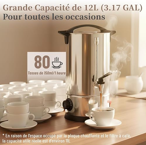 Umisu Percolateur à Café 12L avec Acier Inoxydable Filtre, 80 Tasses Cafetière Commerciale En Acier Inoxydable, Maintien au Chaud, Pour Événements Et Traiteur, Pour Appareil Chauffe Eau Thé Chocolat - 2