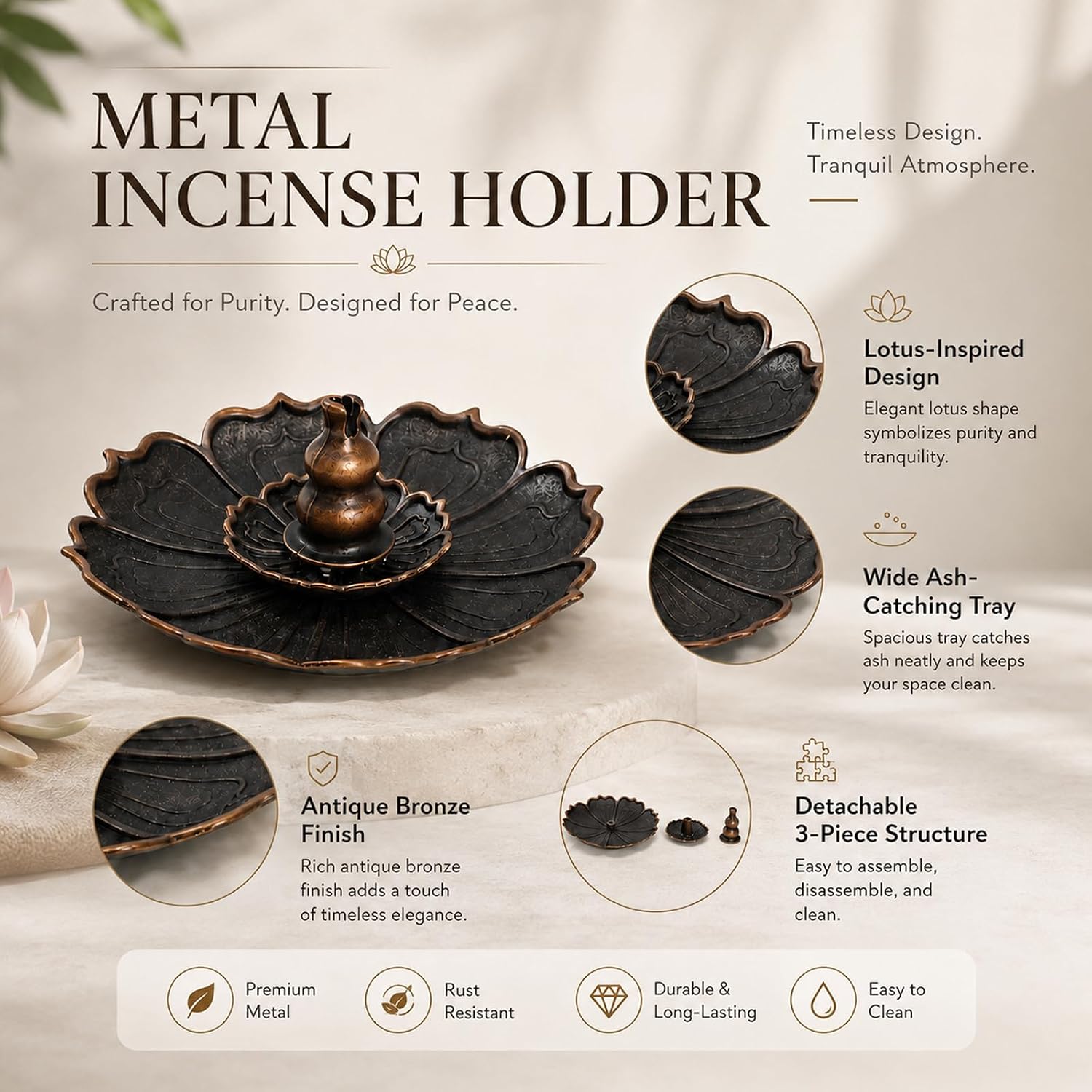 3-Piece Metal Incense Holder Set, Bronze Lotus Ash Catcher
