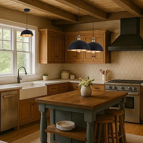 Miniatura 8 de Lámpara colgante negra con acabado dorado, estilo vintage, industrial, de 10 pulgadas, lámpara colgante de cúpula retro para isla de cocina,