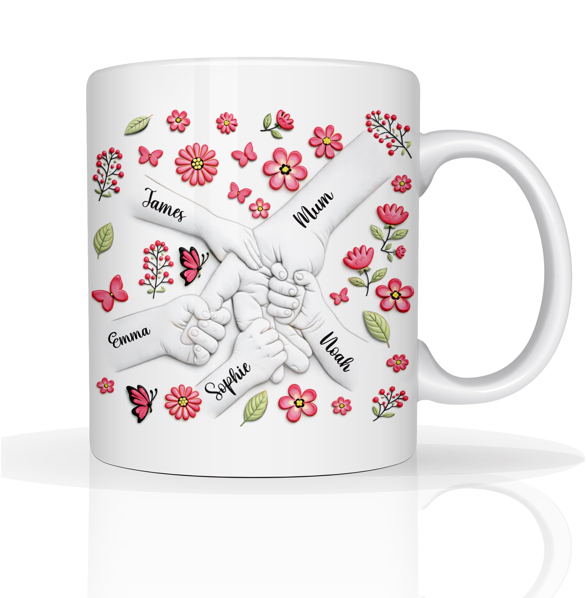 Star Online Personalised Mummy Mug Kids Name Holding Hands Mothers Day Mum Gift Flowers Hand Print Gifts for Grandma Nana 11oz Ceramic Coffee Cup (Mum Hands 2)