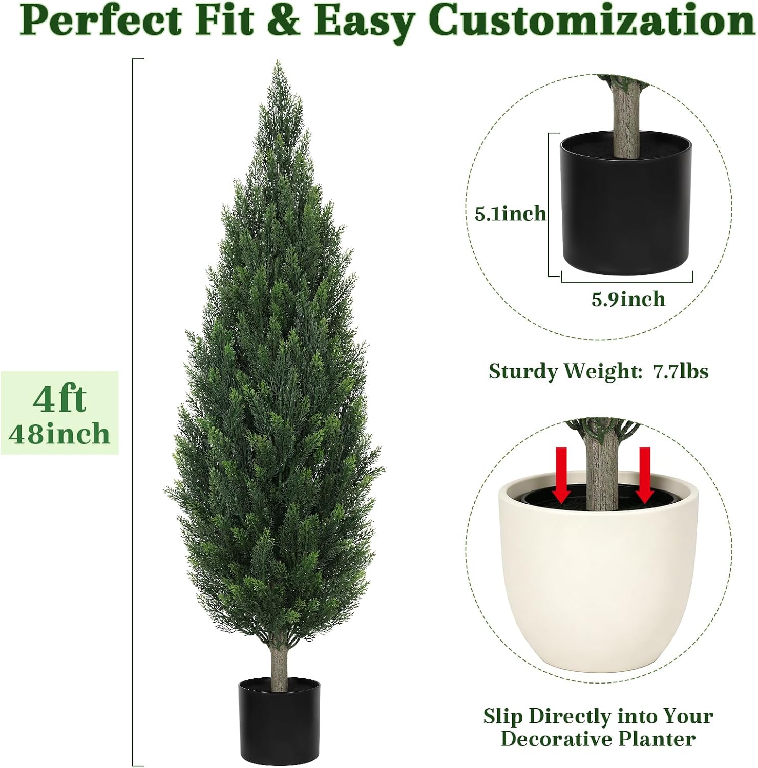 4FT Artificial Cedar Topiary Trees Set of 2, Dense Faux Cypress | Plants with Black Pots, 2-Piece Easy Connect UV Resistant Fake Evergreen Shrubs for Outdoor Indoor Front Porch Entryway Decor