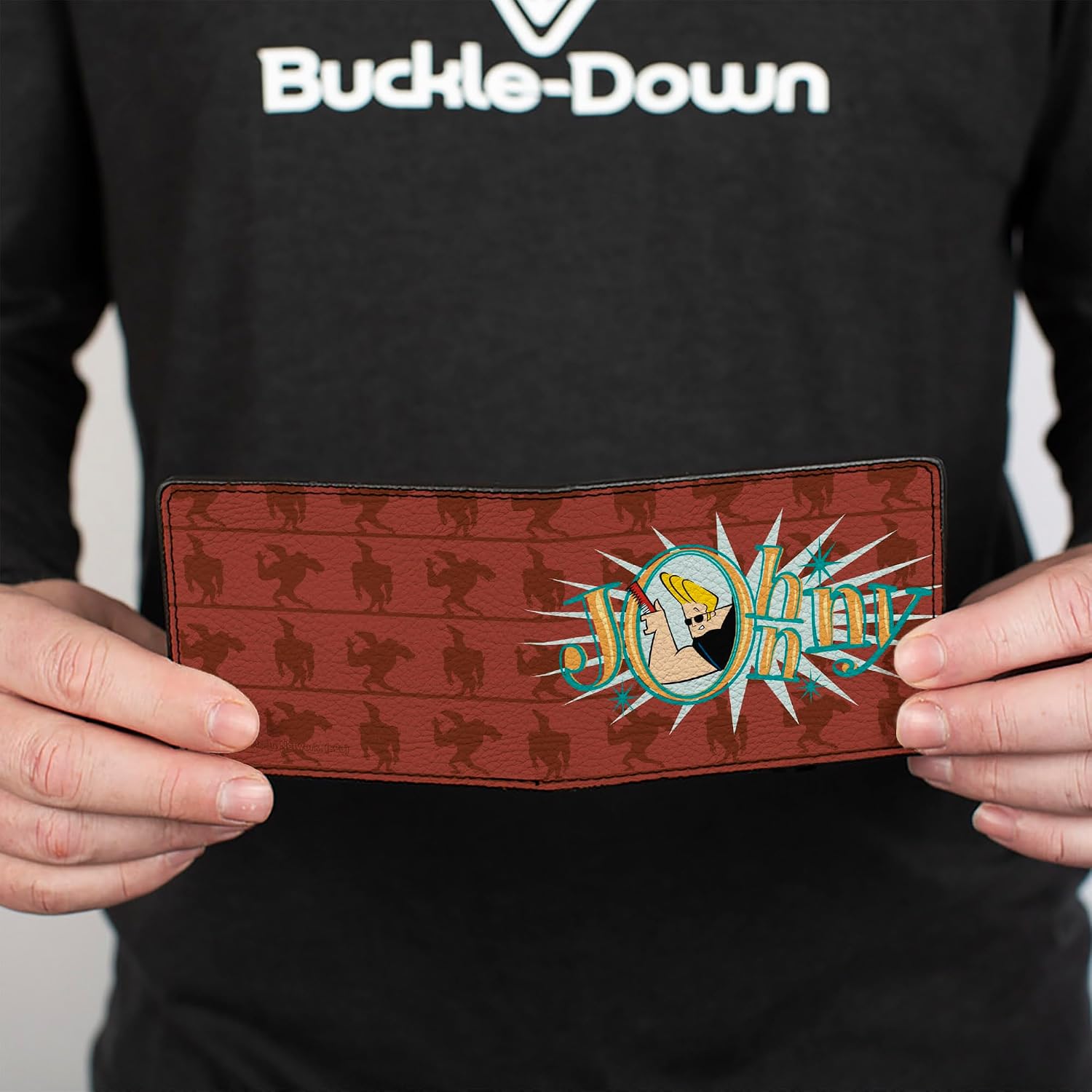 Buckle-Down Warner Bros. Animation Wallet, Bifold, Johnny Bravo Title Logo and Flex Pose Turns Reds, Vegan Leather