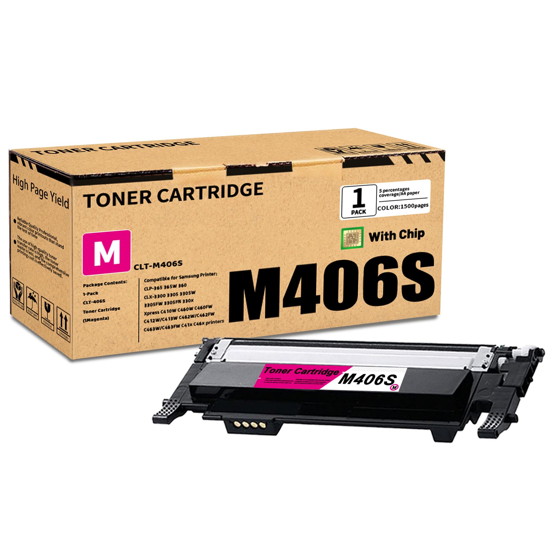 1 Pack CLT-M406S Magenta Toner Cartridge, Compatible for Samsung CLT-M406SCLT-M406SToner Replacement for CLP-365 365W 360 Xpress C410W C460W C460FW
