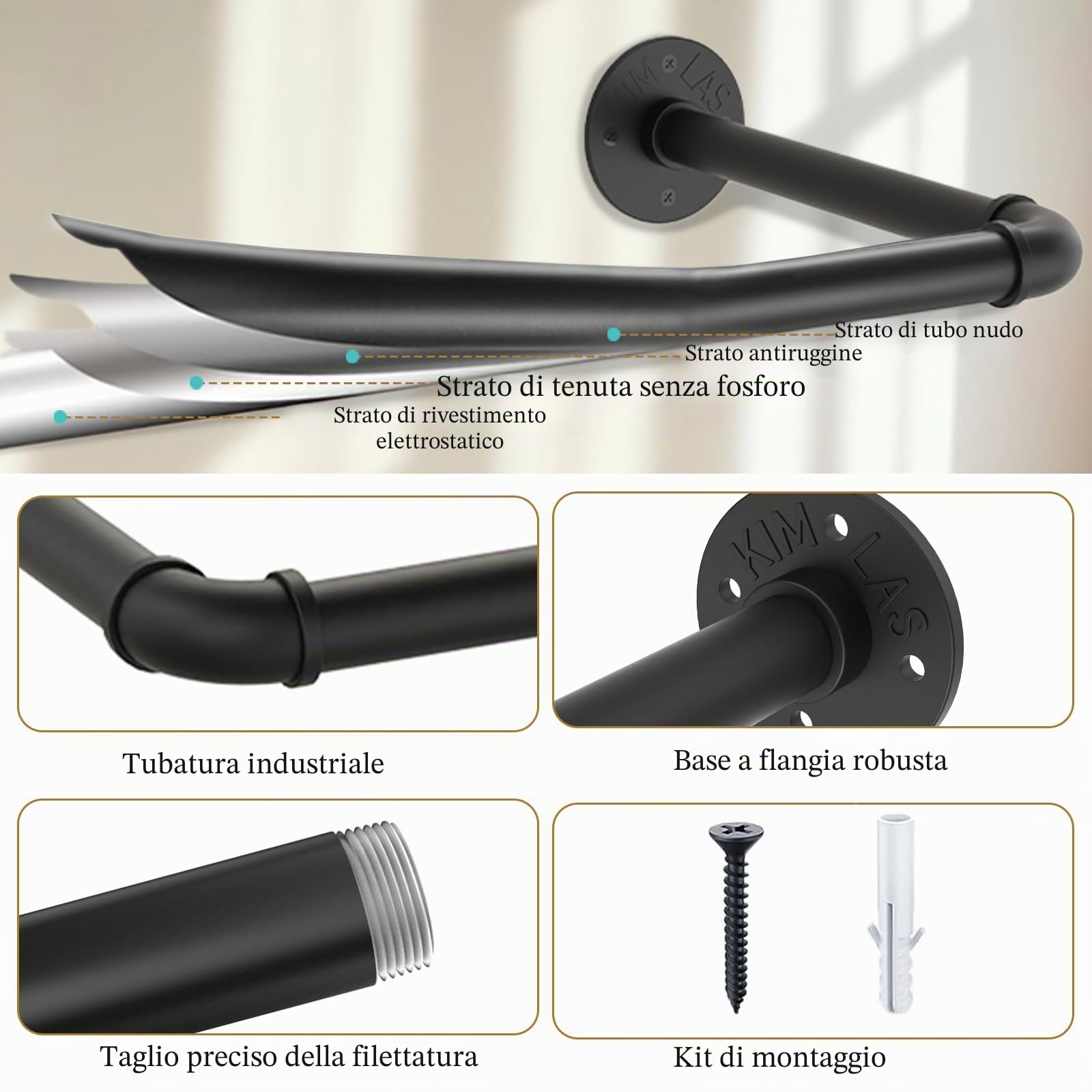 Yawinhe Attaccapanni da Muro Industriale, Barra Appendiabiti da Parete a Tubo 178cm, Salvaspazio, Rimovibile Appendino, per Lavanderia, Nero,2 Pack, YMG004-2