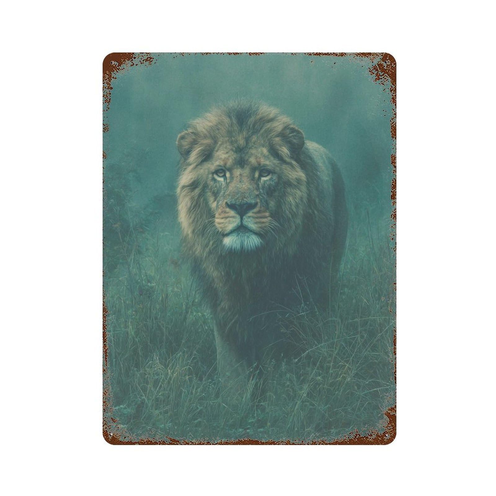 Wild Lion in Misty Grassland Distressed Metal Wall Sign 15.7"x11.8", Rustic Home Decor for Living Room, Hallway And Home Decor