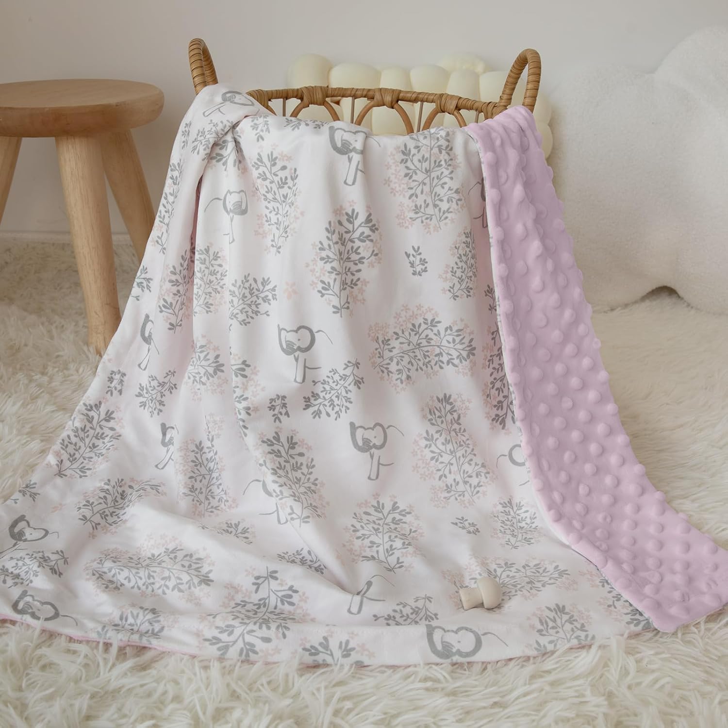 Baby Blankets for Girls Soft Plush Nursery Minky Blanket Neutral with Print Pink Forest Elephant and Cozy Raised Dotted Fleece Backing, 30 x 40 Inch Double Layer Bed Throws - Image 2