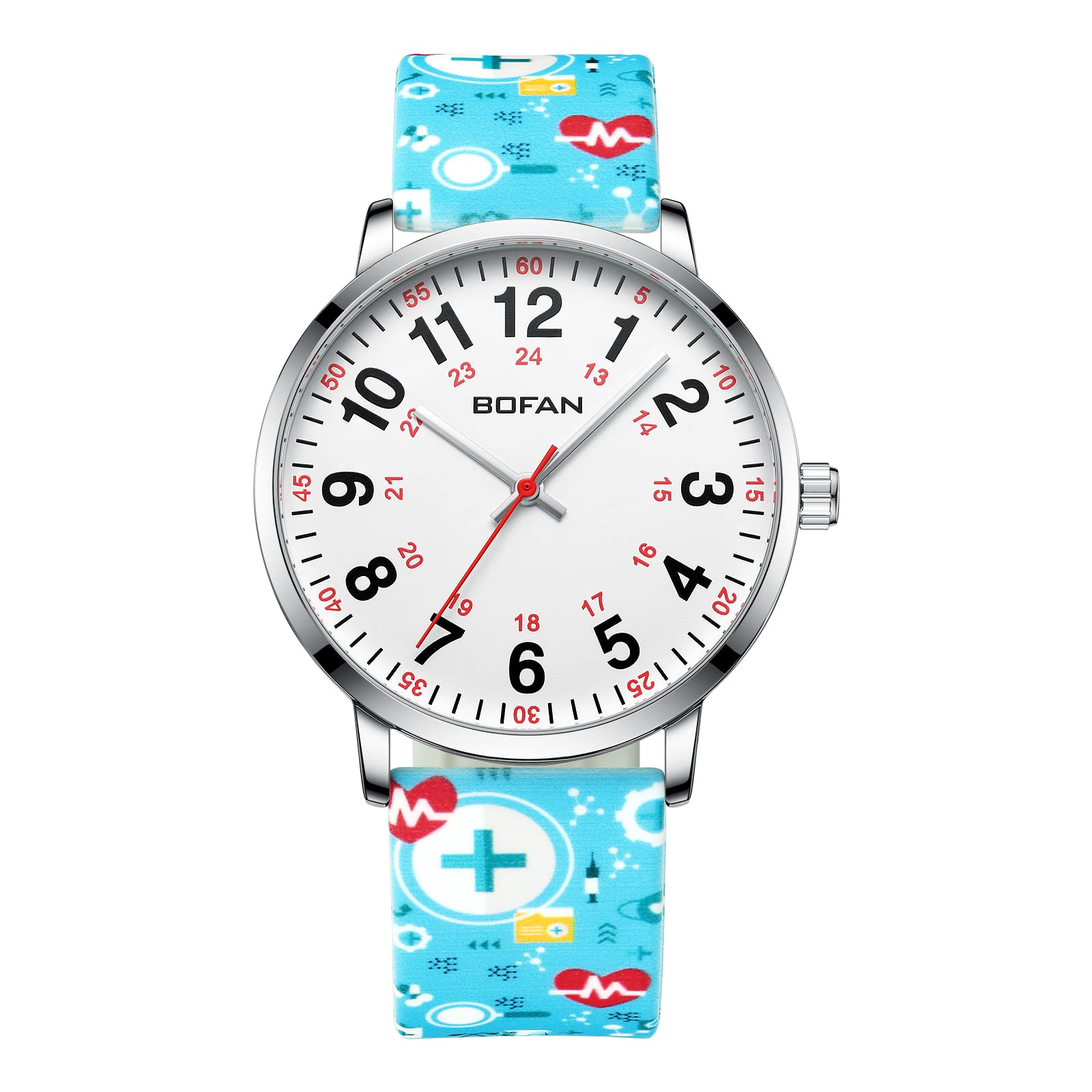 Nurse Watch for Nurse,Medical Professionals,Students,Doctors with Various Medical Scrub Colors,Easy to Read Dial,Second Hand and 24 Hour,Soft Comfort Print Silicone Band,Water Resistant.
