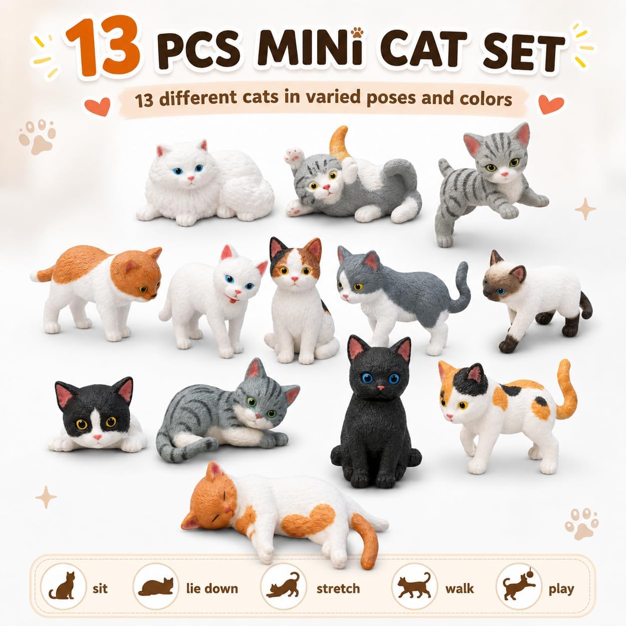 GOOGO Cat Figurines Set, 13 Pieces, epoxy Resin White Cats | Cat Figurines Set, 12 PCS, 709a, car and desk, organized setup, easy everyday handling