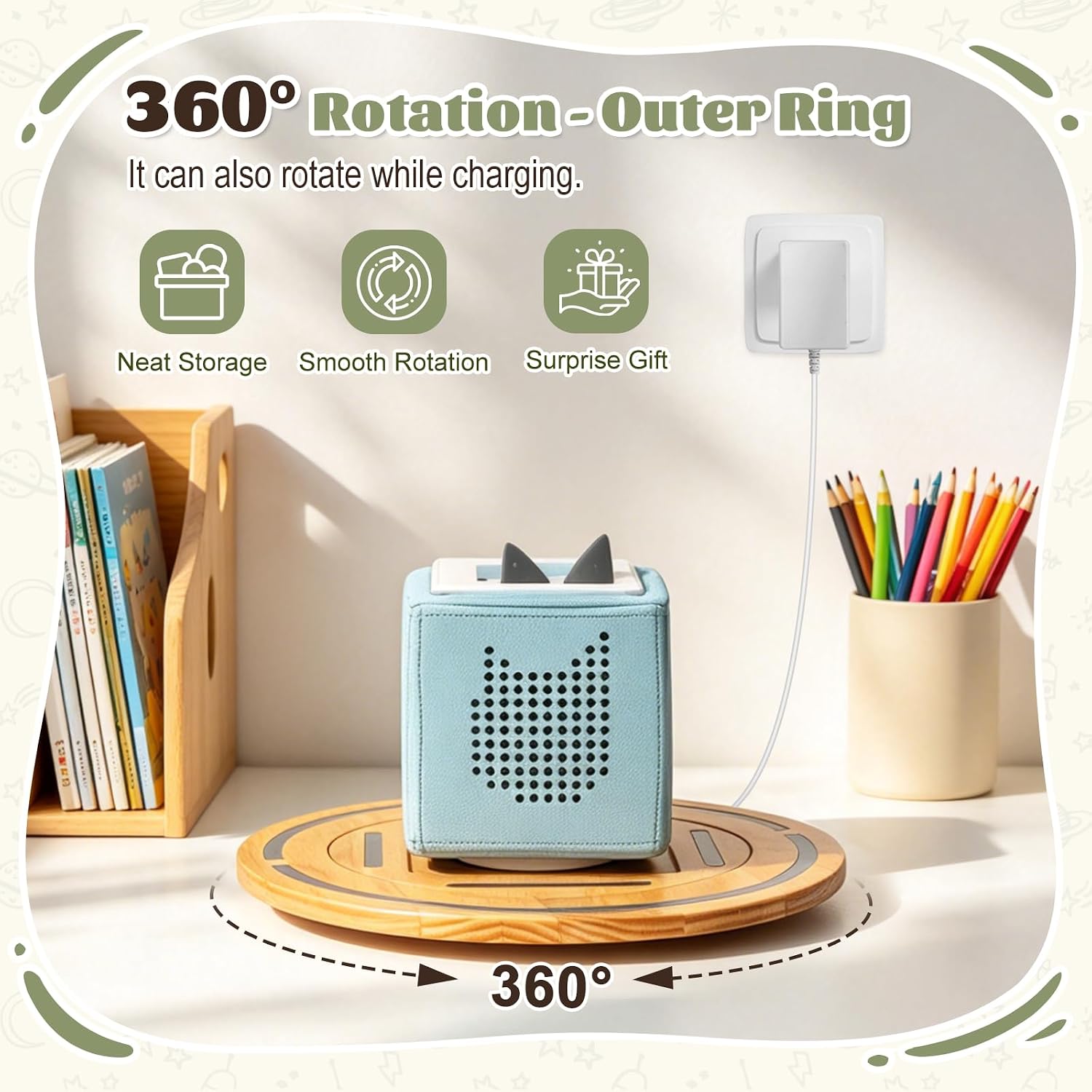 360° Round Turntable for Tonies Box 1/2 Storage Shelf Magnetic | Organizer for Tonies Figures, With Charging Cable Connection Port, Display Collection for 20~30 Tonies Characters (Natura)