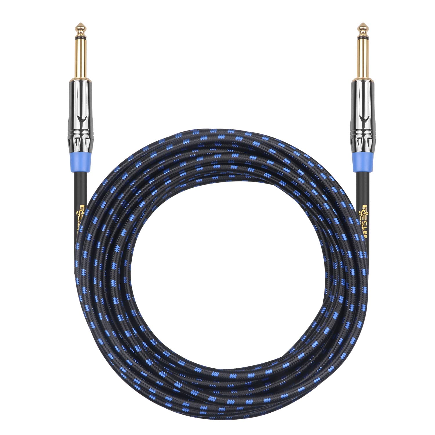 Clef Audio Labs Instrument Guitar Cable, 20ft - 1/4 inch TS Straight to Straight Electric bass Guitar AMP Cord, 22AWG, Chrome Zinc Alloy Shell, Blue Braided Jacket